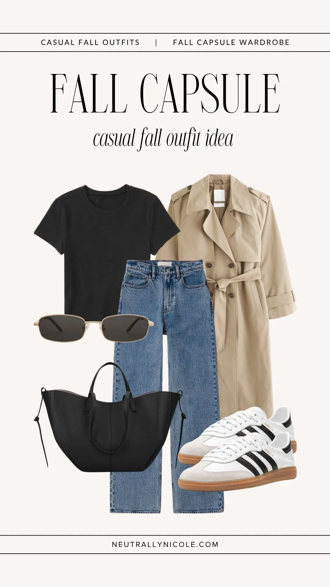  Casual fall outfit with fall capsule wardrobe staples: black t-shirt, trench coat, medium wash jeans, leather tote bag, sunglasses, and Adidas Sambas. 