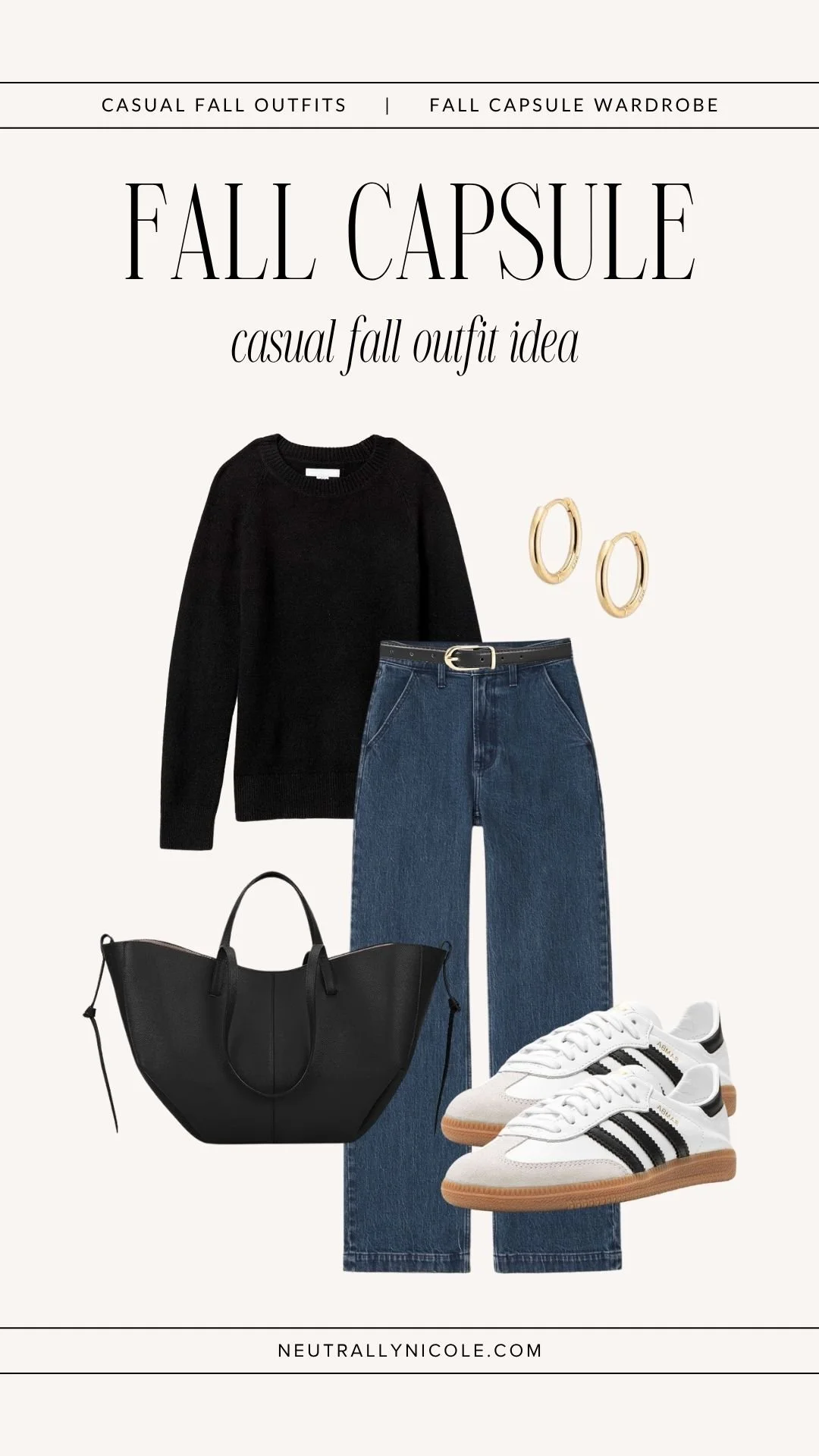  Casual fall outfit with fall capsule wardrobe staples: black sweater, dark wash jeans, leather tote bag, gold hoop earrings, and Adidas Sambas. 
