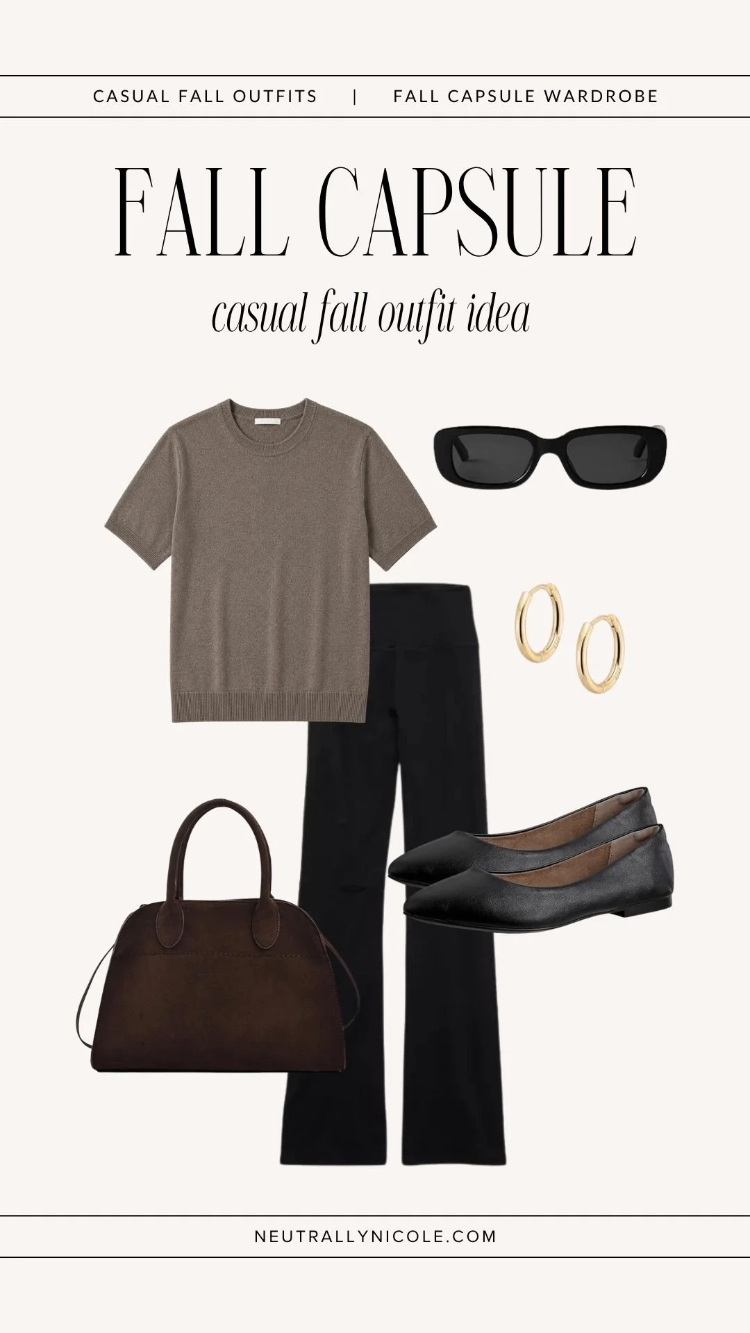  Casual fall outfit with fall capsule wardrobe staples: taupe sweater tee, flared leggings, black flats, suede tote bag, sunglasses, and gold hoop earrings. 