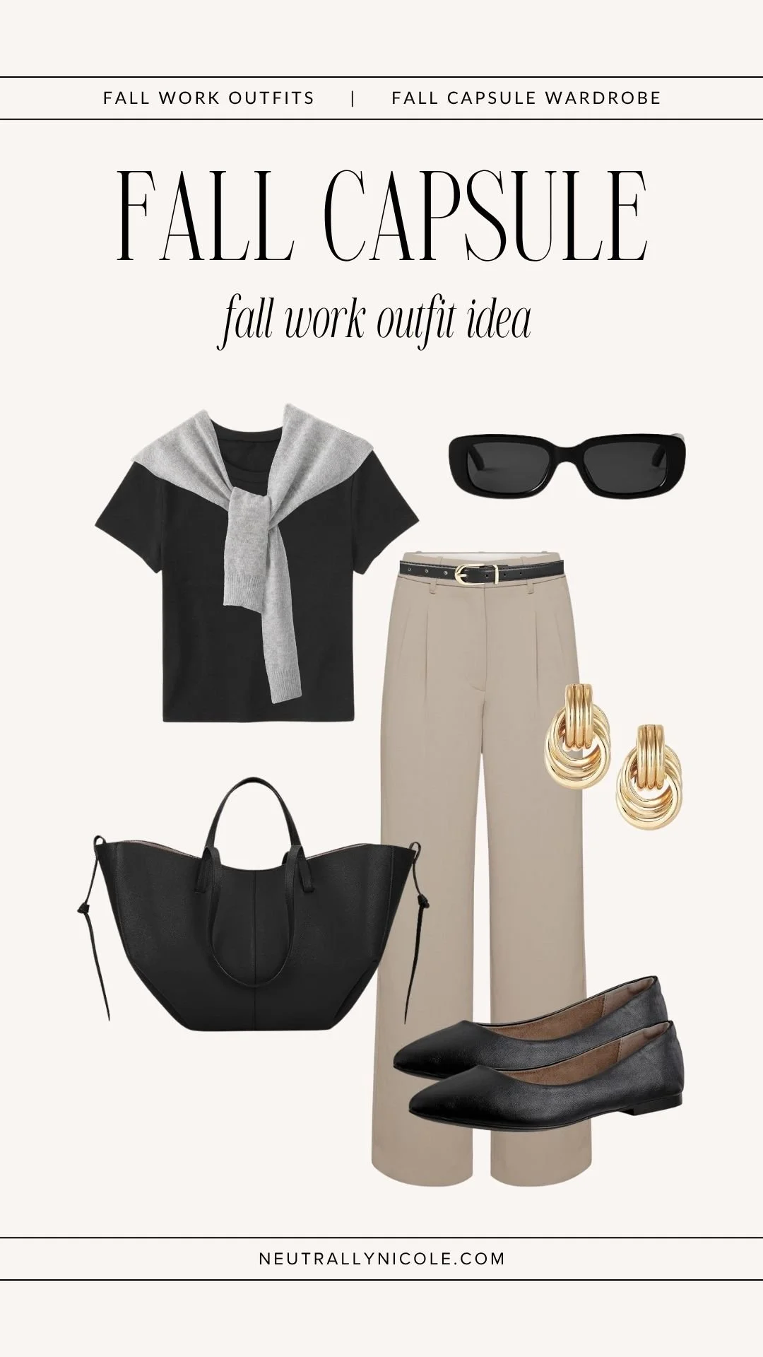  Fall work outfit with fall capsule wardrobe staples: beige trousers, black t-shirt, grey cardigan draped over shoulders, black flats, and leather tote bag 