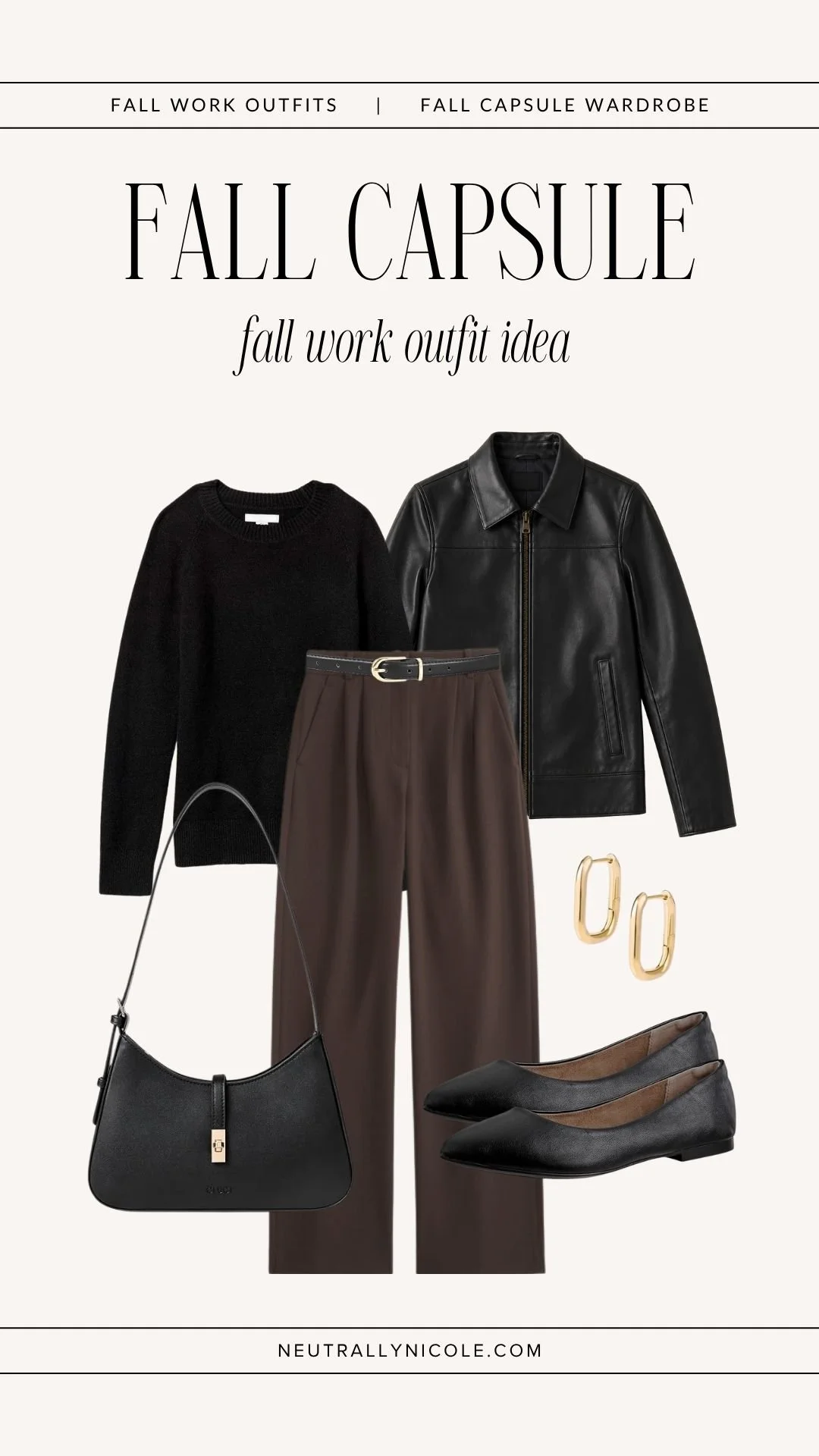  Business casual fall work outfit with fall capsule wardrobe staples: black sweater, brown trousers, leather jacket, black flats, and shoulder bag 