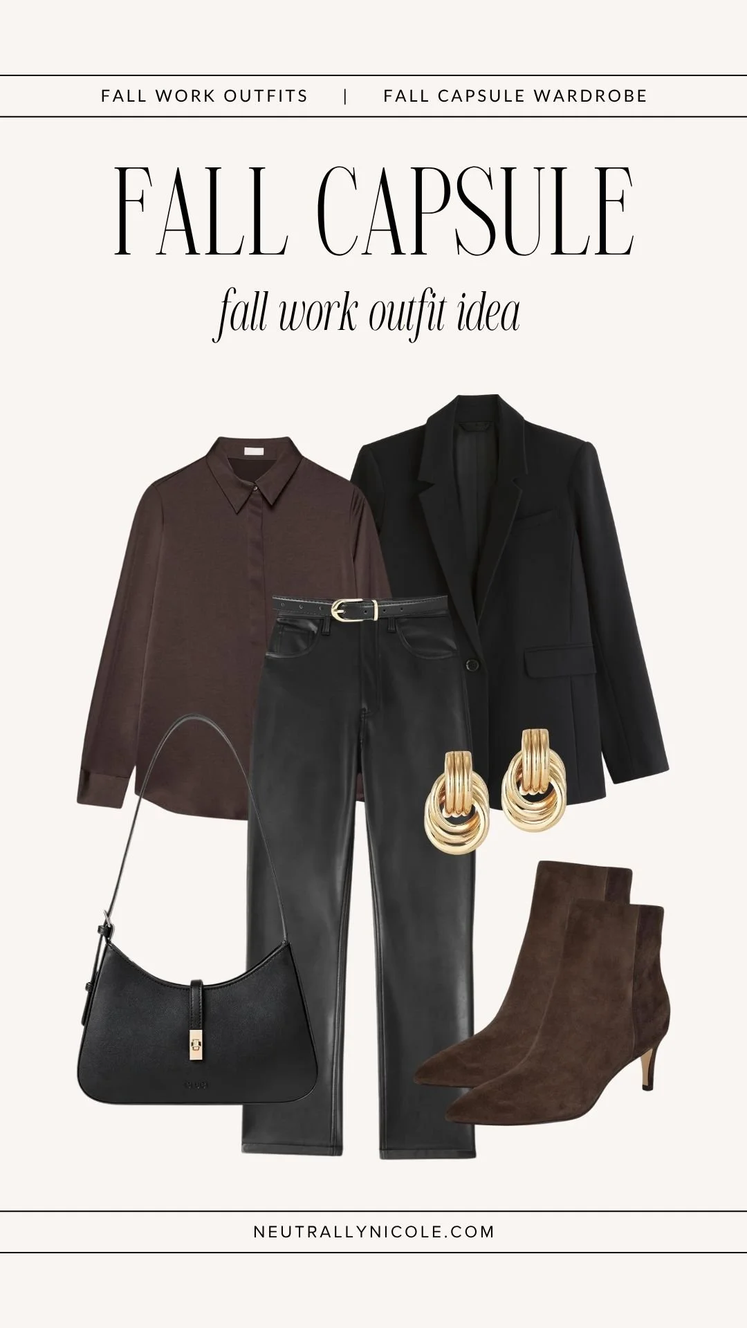  Professional fall work outfit with fall capsule wardrobe staples: brown blouse, black blazer, black leather pants, ankle boots, and black shoulder bag 