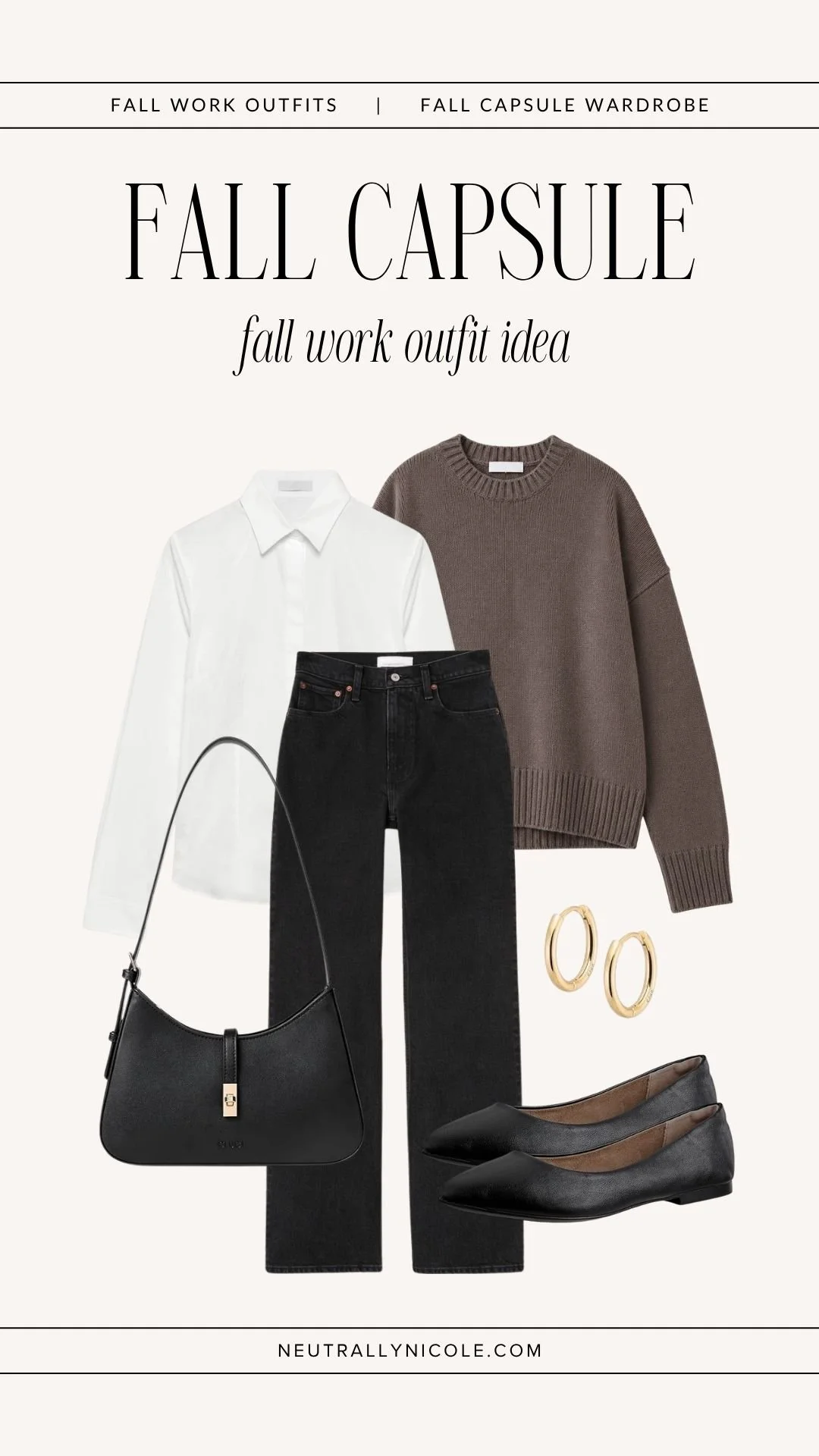  Business casual fall work outfit with fall capsule wardrobe staples: white button-down shirt, brown sweater, black jeans, black flats, and shoulder bag 
