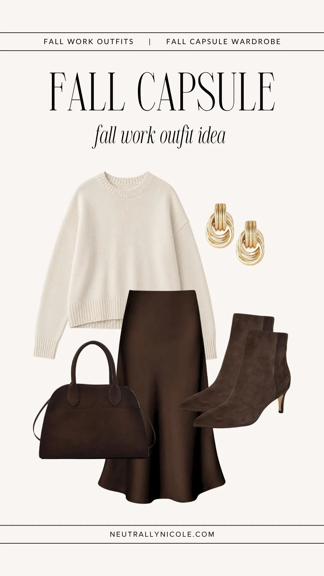  Elevated fall work outfit with fall capsule wardrobe staples: cream sweater, brown satin midi skirt, brown ankle boots, and suede tote bag 