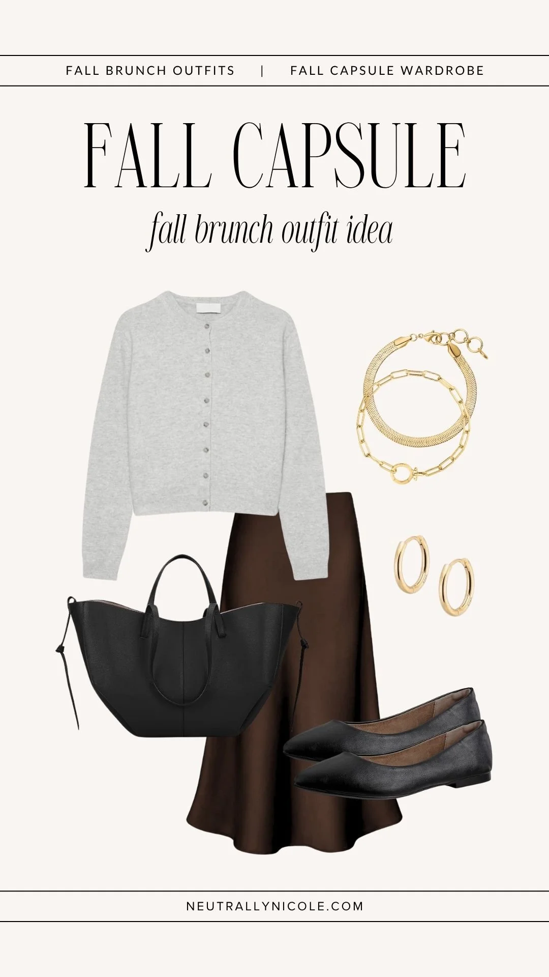  Elevated fall brunch outfit with fall capsule wardrobe staples: grey cardigan, brown satin midi skirt, black flats, leather tote bag, and gold jewelry 