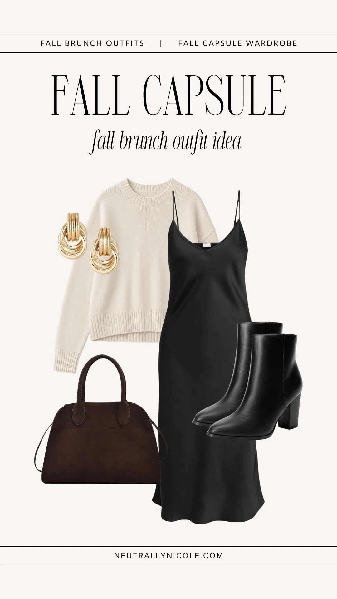  Chic fall brunch outfit with fall capsule wardrobe staples: black slip dress, cream sweater, black ankle boots, and brown suede tote bag 