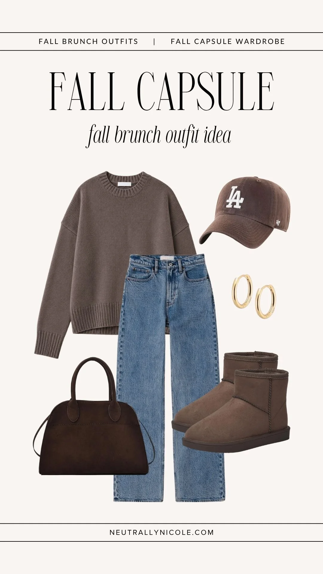  Casual fall brunch outfit with fall capsule wardrobe staples: brown sweater, medium wash jeans, dark brown UGG boots, baseball cap, and brown suede tote bag 