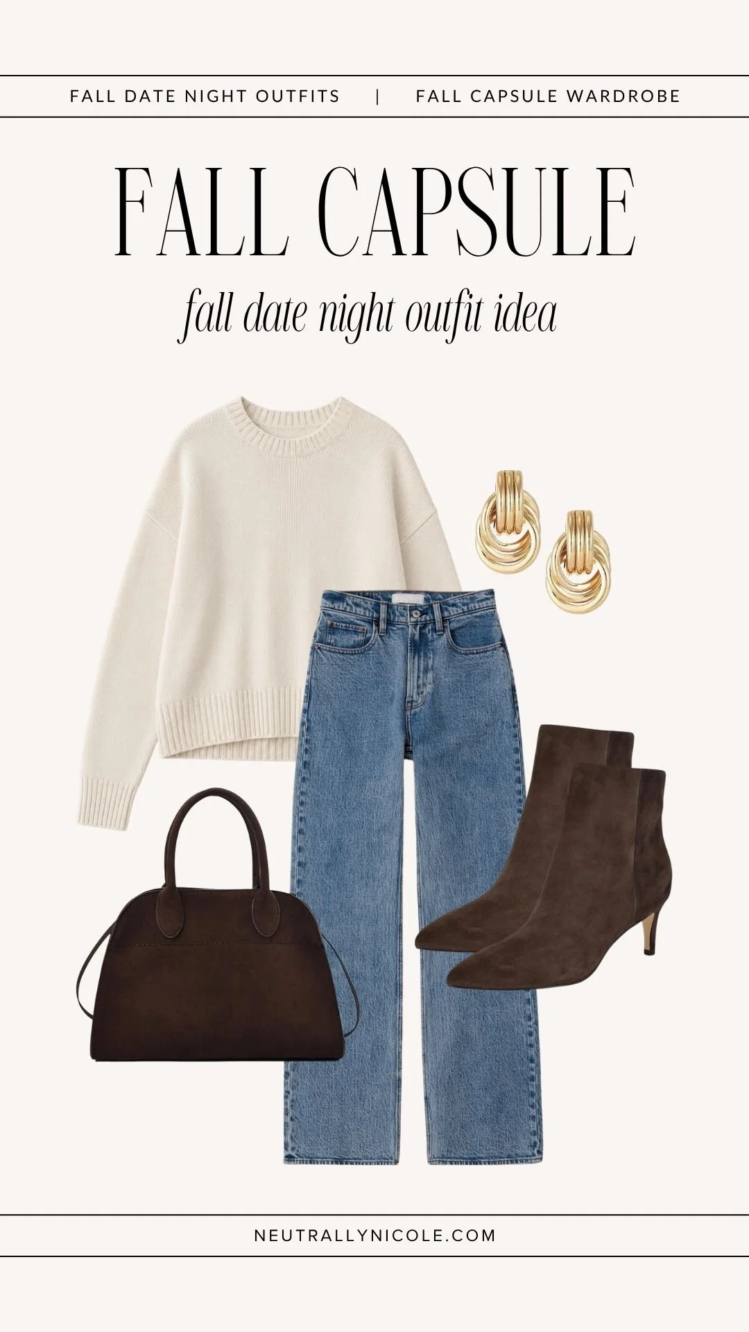  Dressy casual fall date night outfit with fall capsule wardrobe staples: cream sweater, medium wash jeans, brown suede ankle boots, and brown suede tote bag 