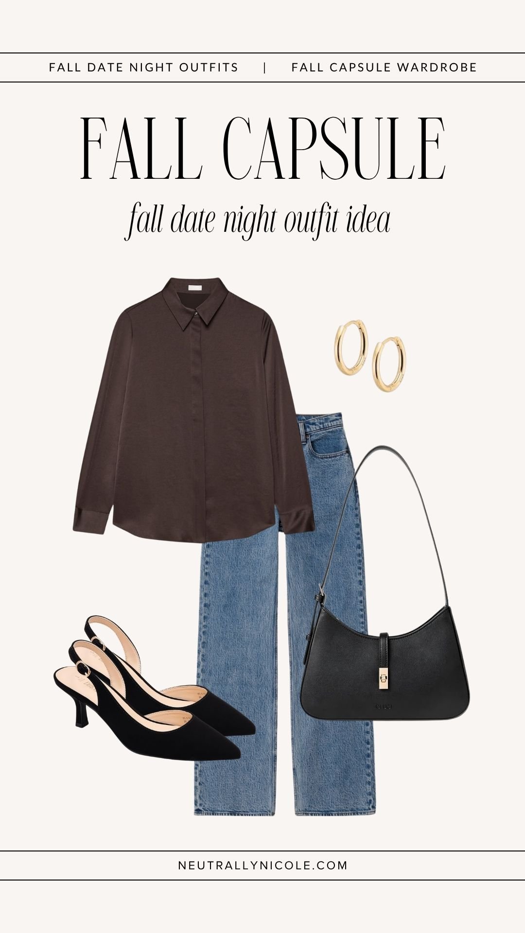  Elevated casual fall date night outfit with fall capsule wardrobe staples: brown blouse, medium wash jeans, slingback heels, shoulder bag, and gold hoops 