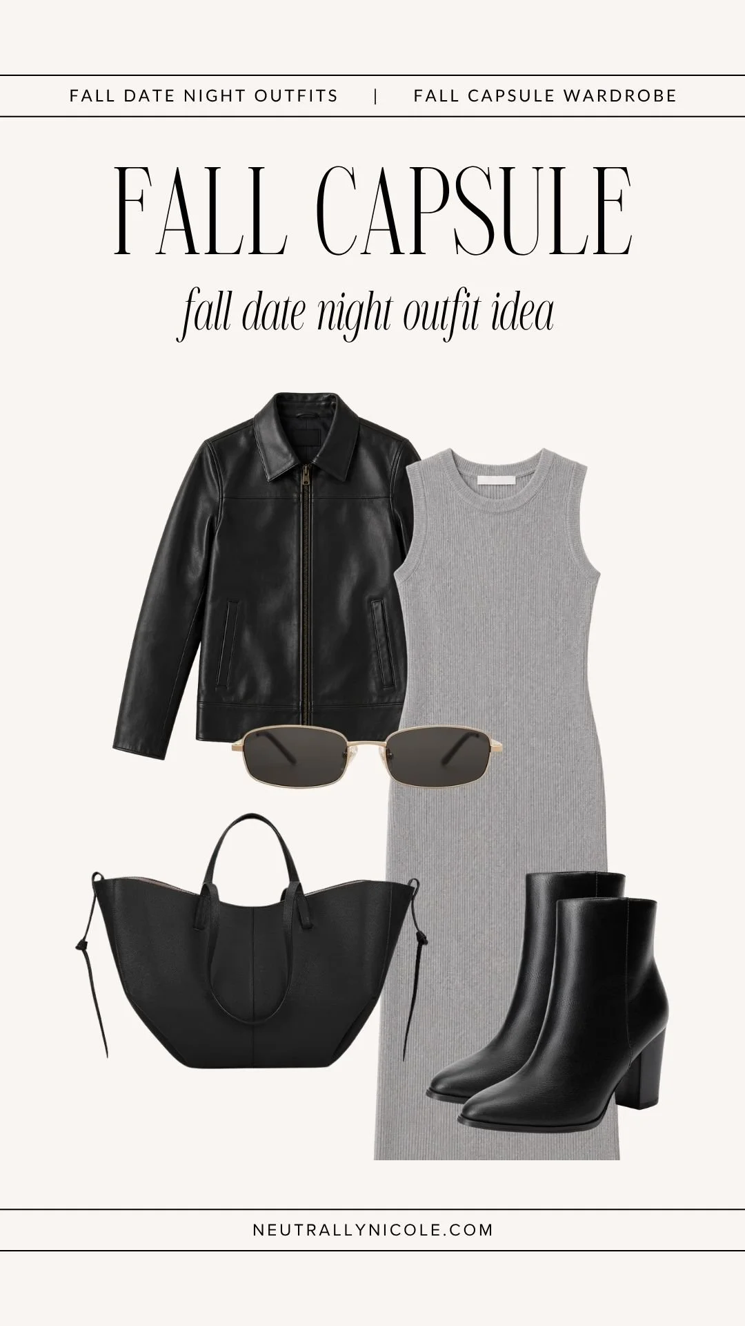  Casual fall date night outfit with fall capsule wardrobe staples: grey sweater dress, black leather jacket, ankle boots, leather tote bag, and sunglasses 