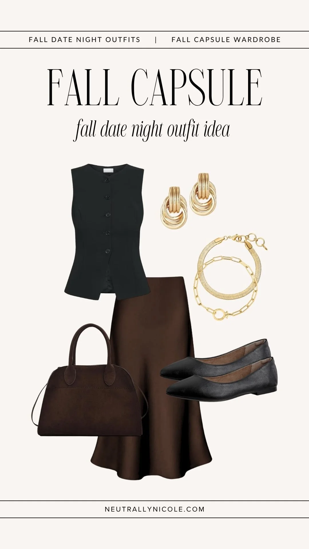  Dressy casual fall date night outfit with fall capsule wardrobe staples: black vest, brown satin midi skirt, black flats, brown suede tote bag, and gold jewelry 