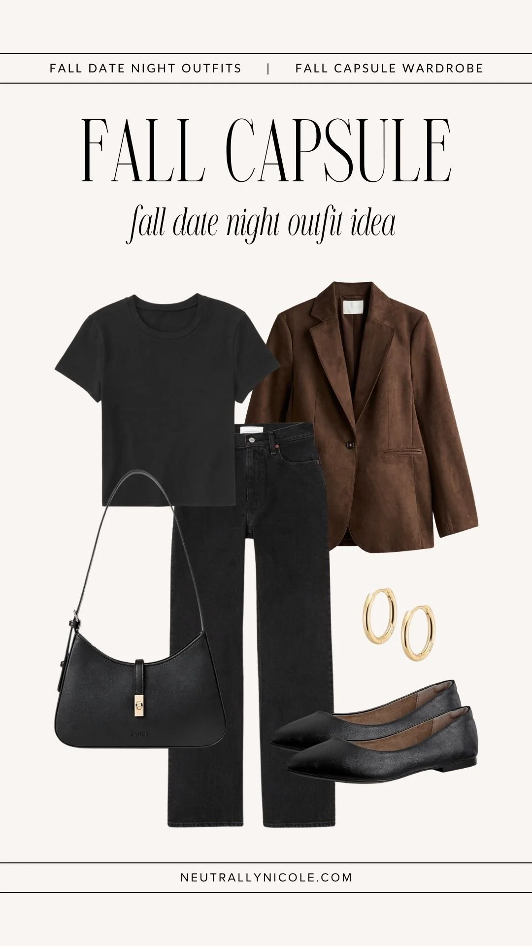  Casual fall date night outfit with fall capsule wardrobe staples: black t-shirt, black jeans, brown suede blazer, black flats, shoulder bag, and gold hoops 