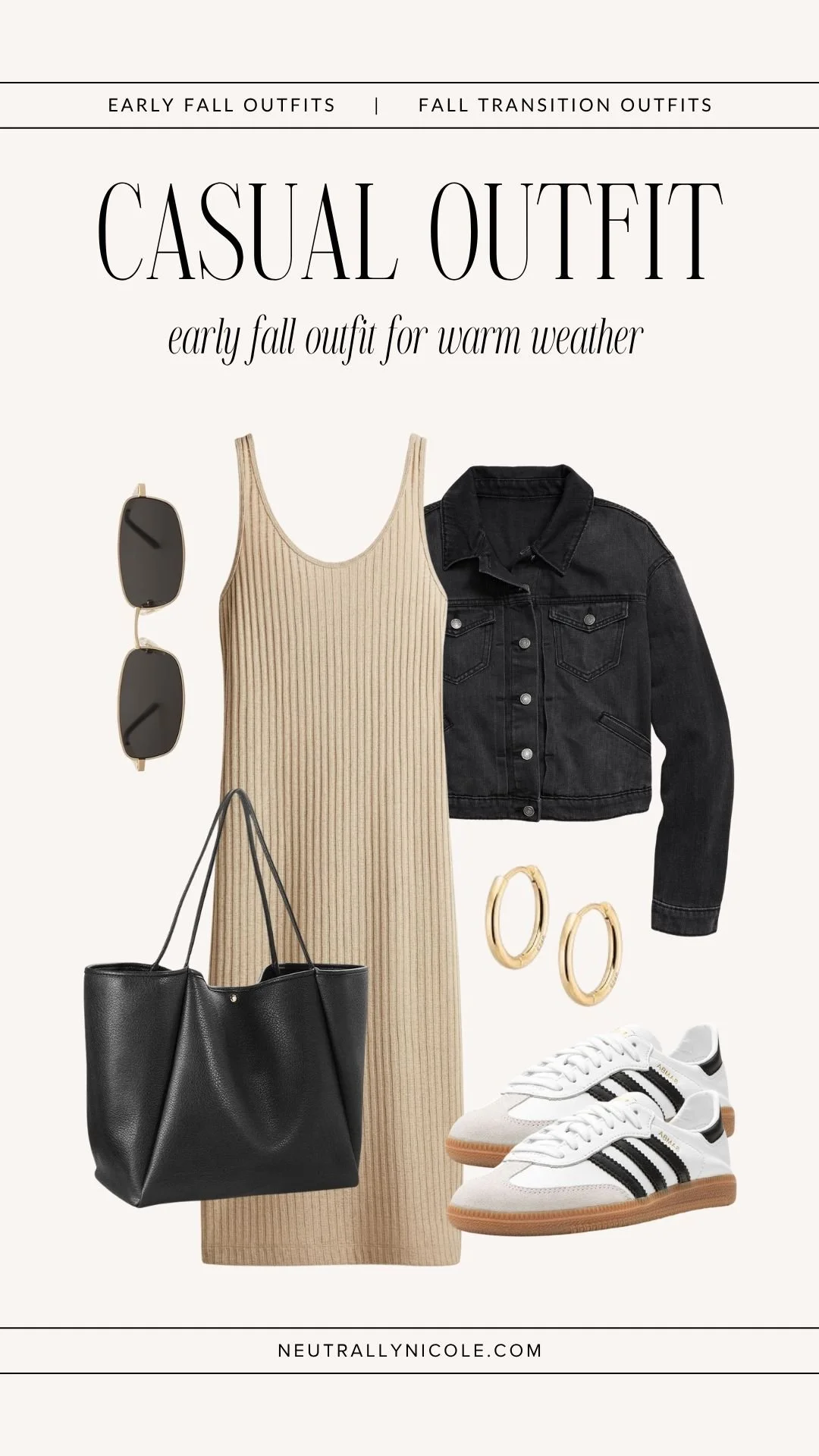 Warm weather fall outfit with a neutral knit maxi dress, black denim jacket, sneakers, and black tote