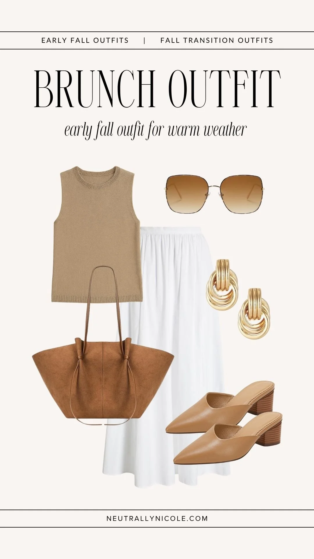 Early fall outfit with a white maxi skirt, tan sweater tank, suede tote, and neutral heeled mules