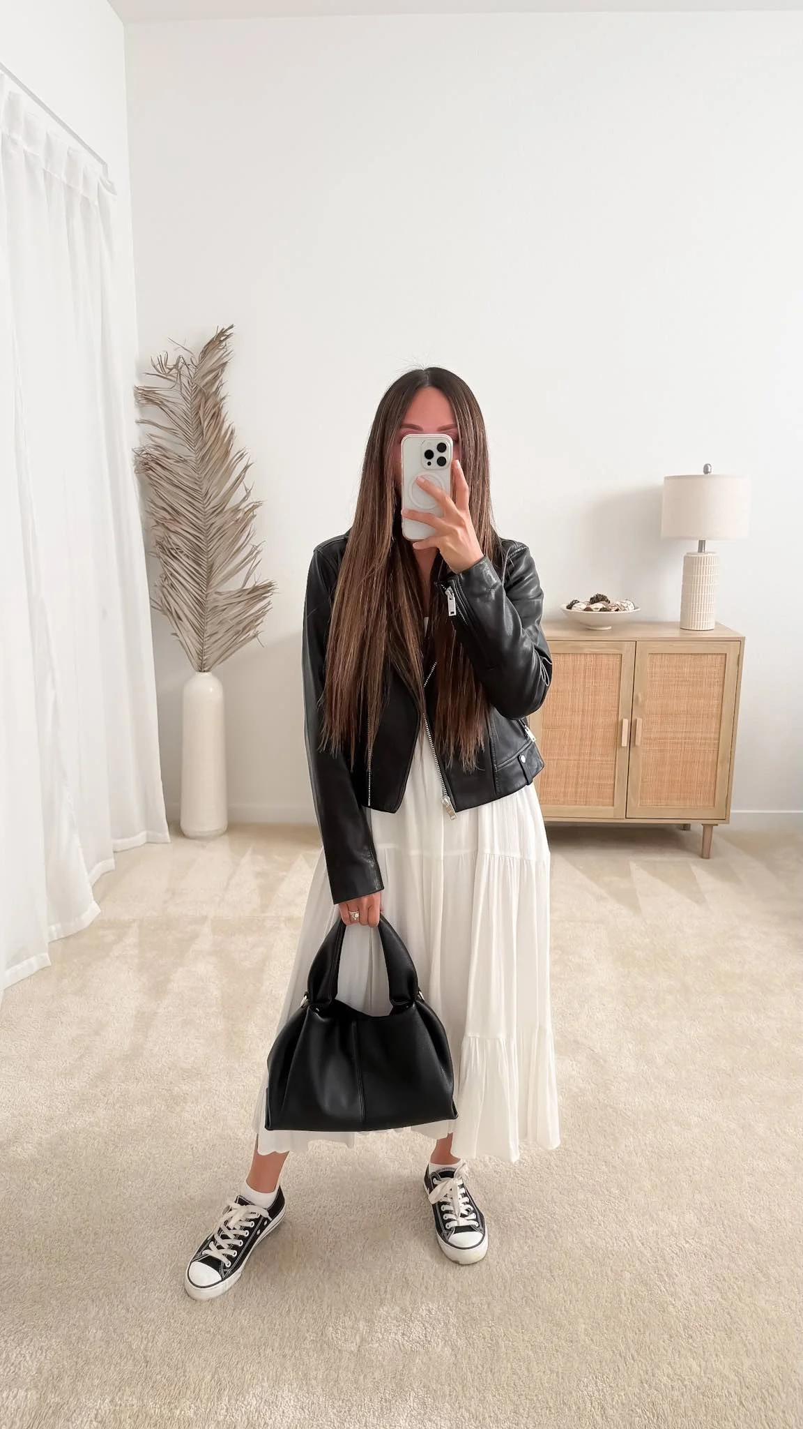 Cute spring outfit with white midi dress, leather jacket