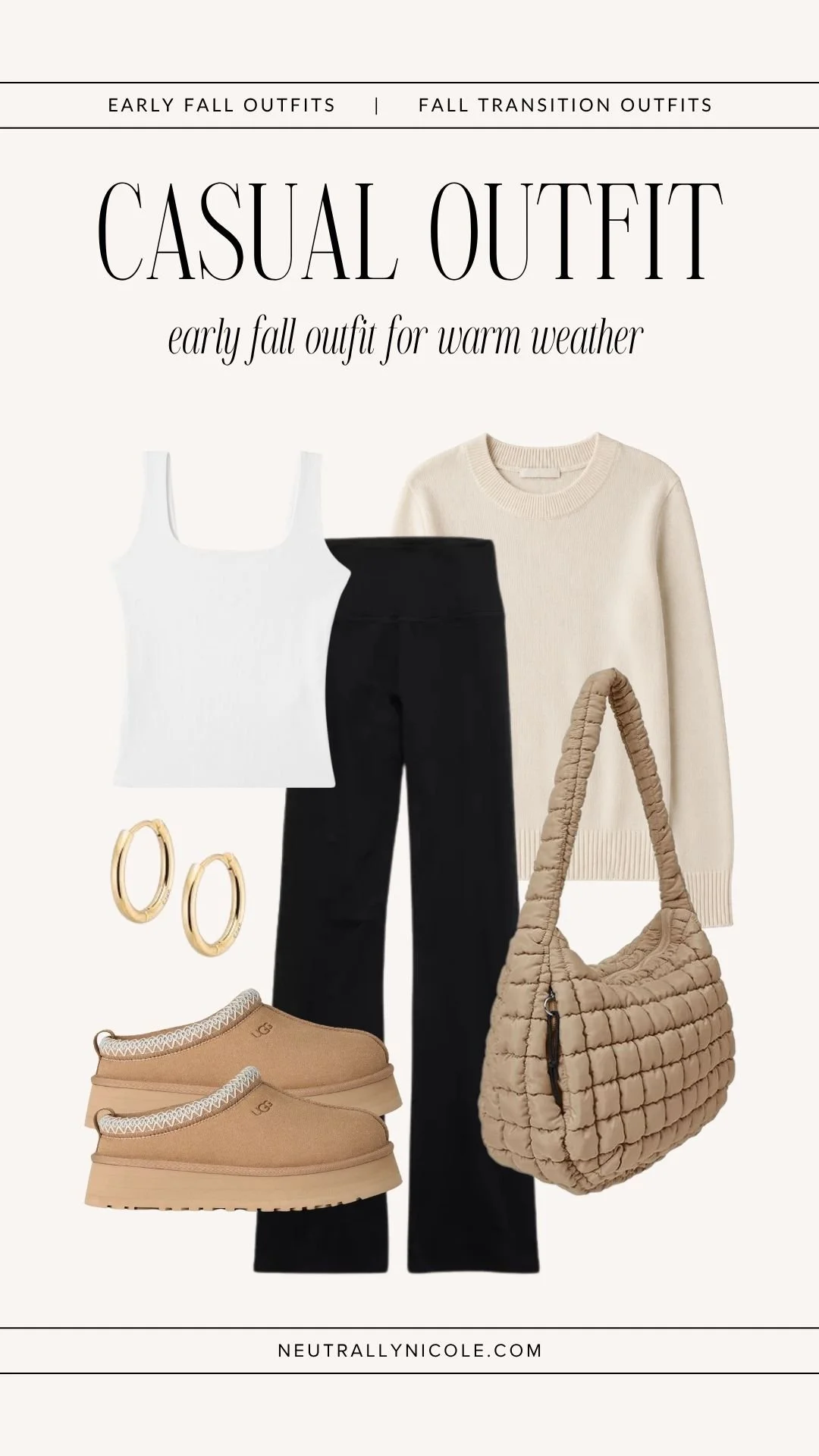 Casual early fall outfit with black flared leggings, white tank, cream sweater, tan clogs, and quilted bag
