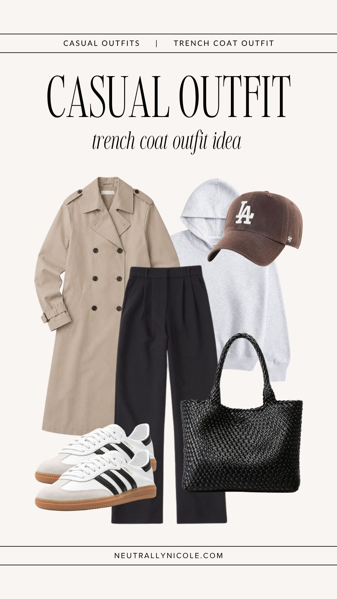 Casual athleisure trench coat outfit with a long beige trench coat, grey hoodie, black trousers, white sneakers, black woven tote bag, and baseball cap.
