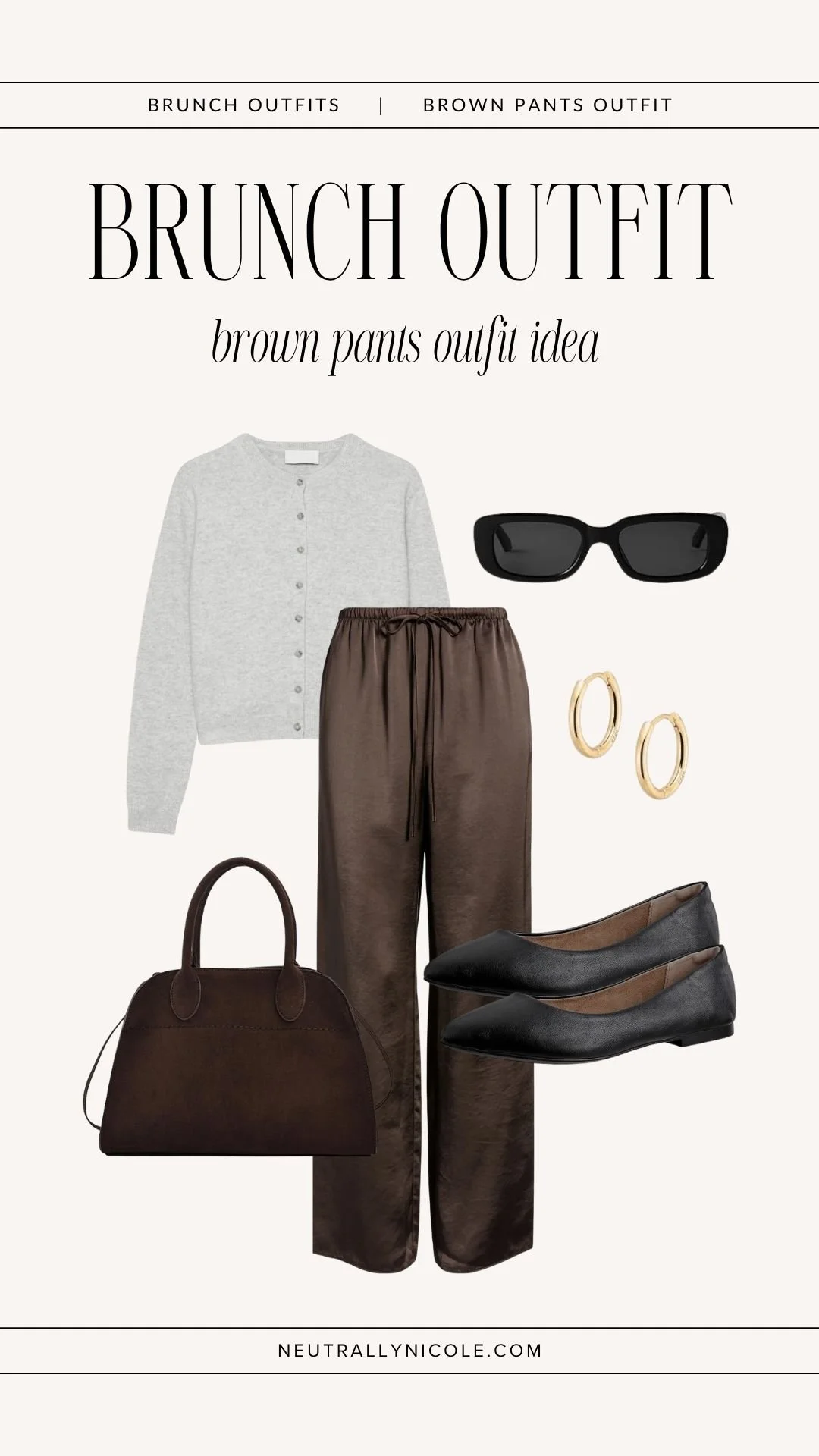 Brown satin pants outfit with a neutral cardigan, black ballet flats and brown handbag