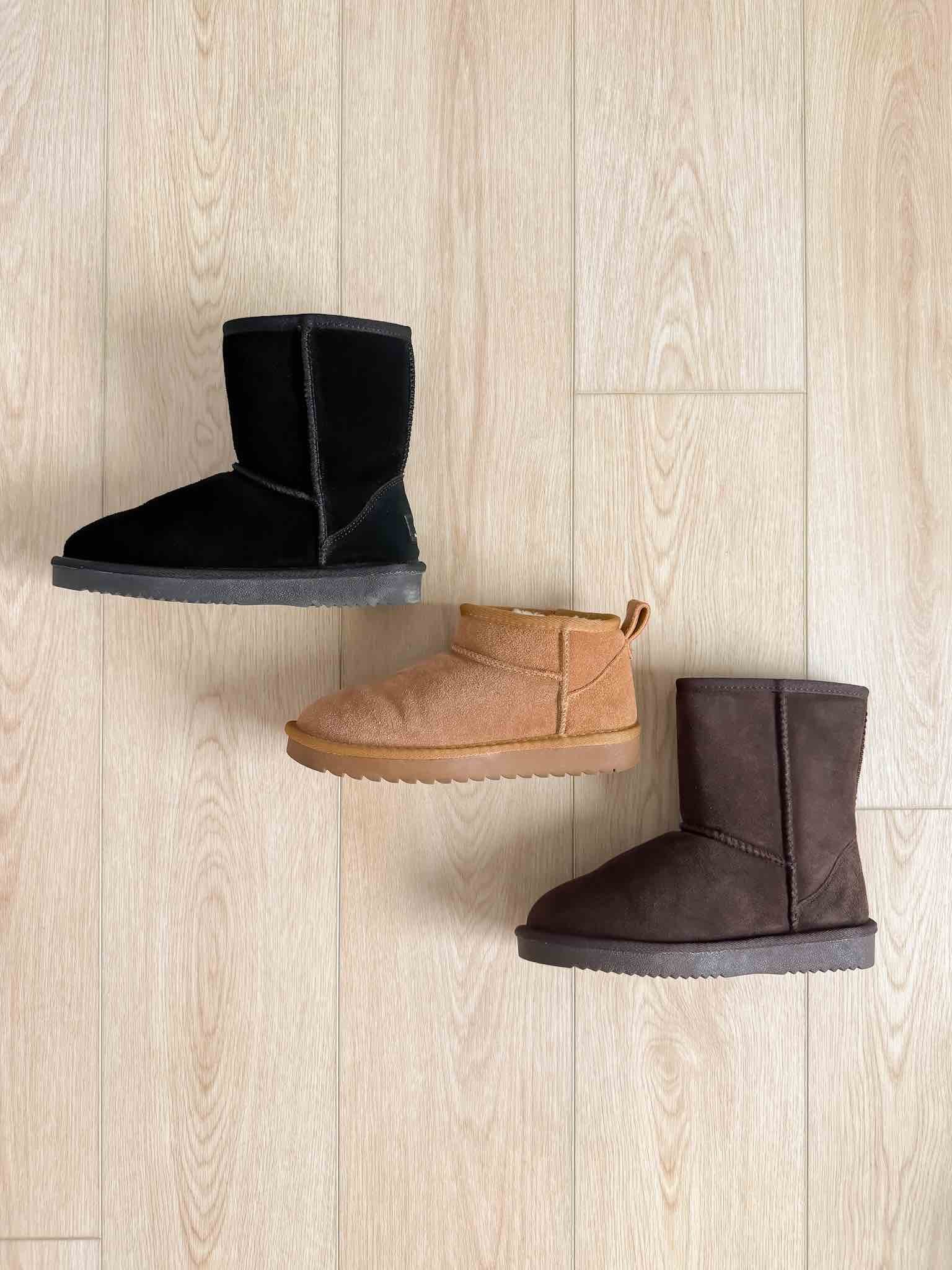 UGG-style boots for fall in black, tan, and dark brown with short and ultra-mini silhouettes