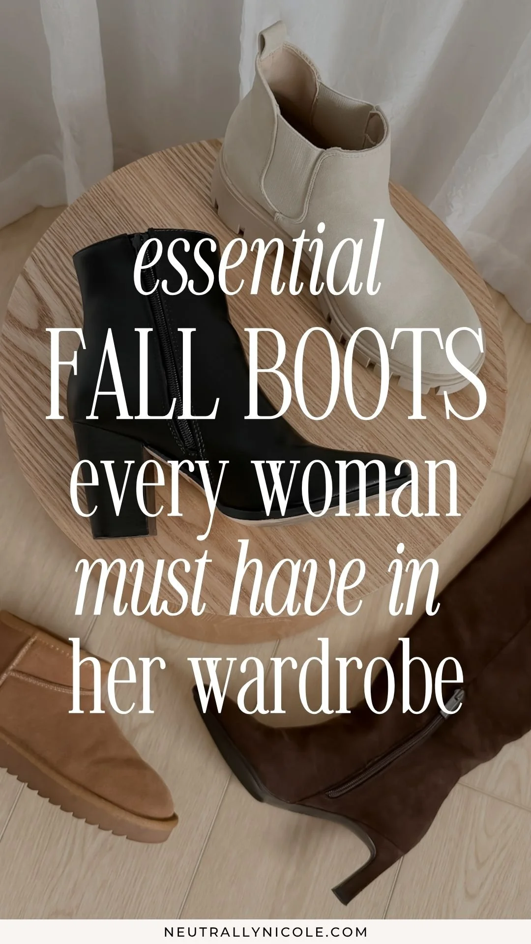 Essential fall boots for women featuring ankle boots, Chelsea boots, knee-high boots, and cozy boots in versatile neutral colors.