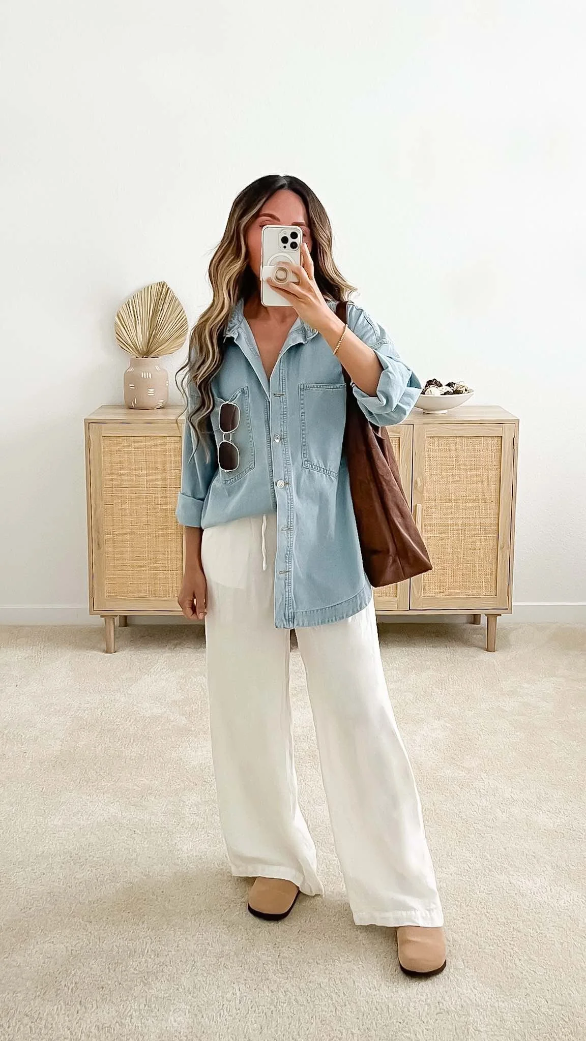 Casual spring outfit with linen pants, chambray shirt