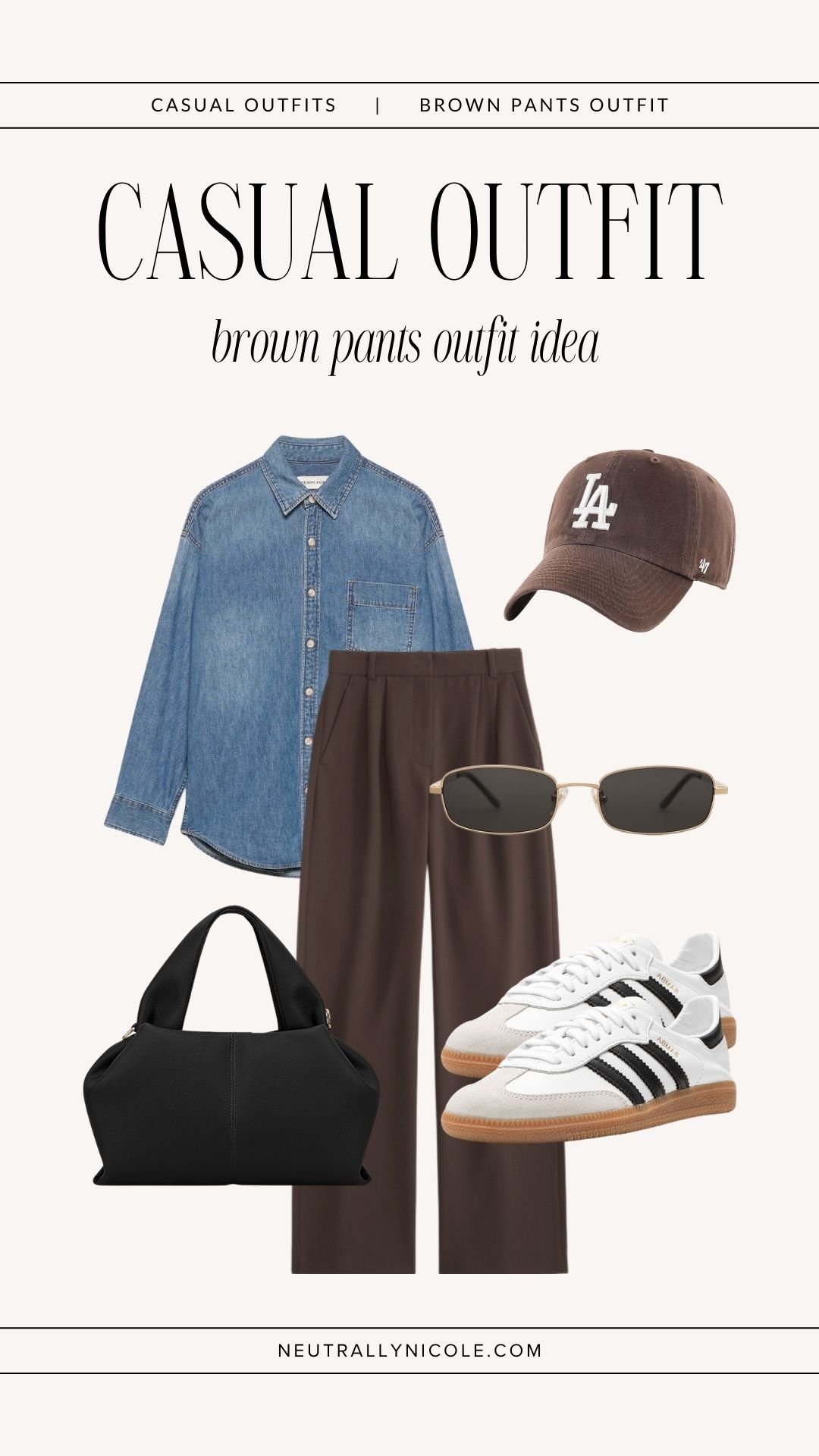 Brown tailored pants outfit with a denim shirt, white sneakers, black bag and brown baseball cap