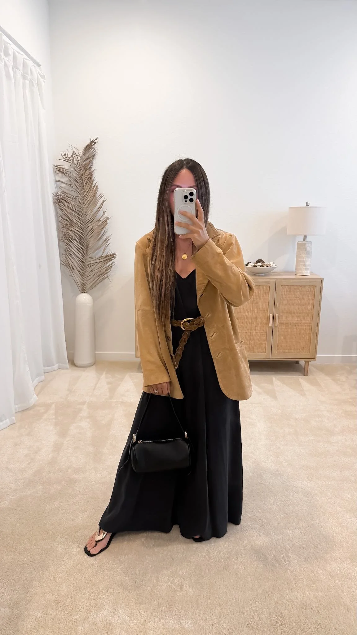 Cute spring outfit with black maxi dress, suede blazer