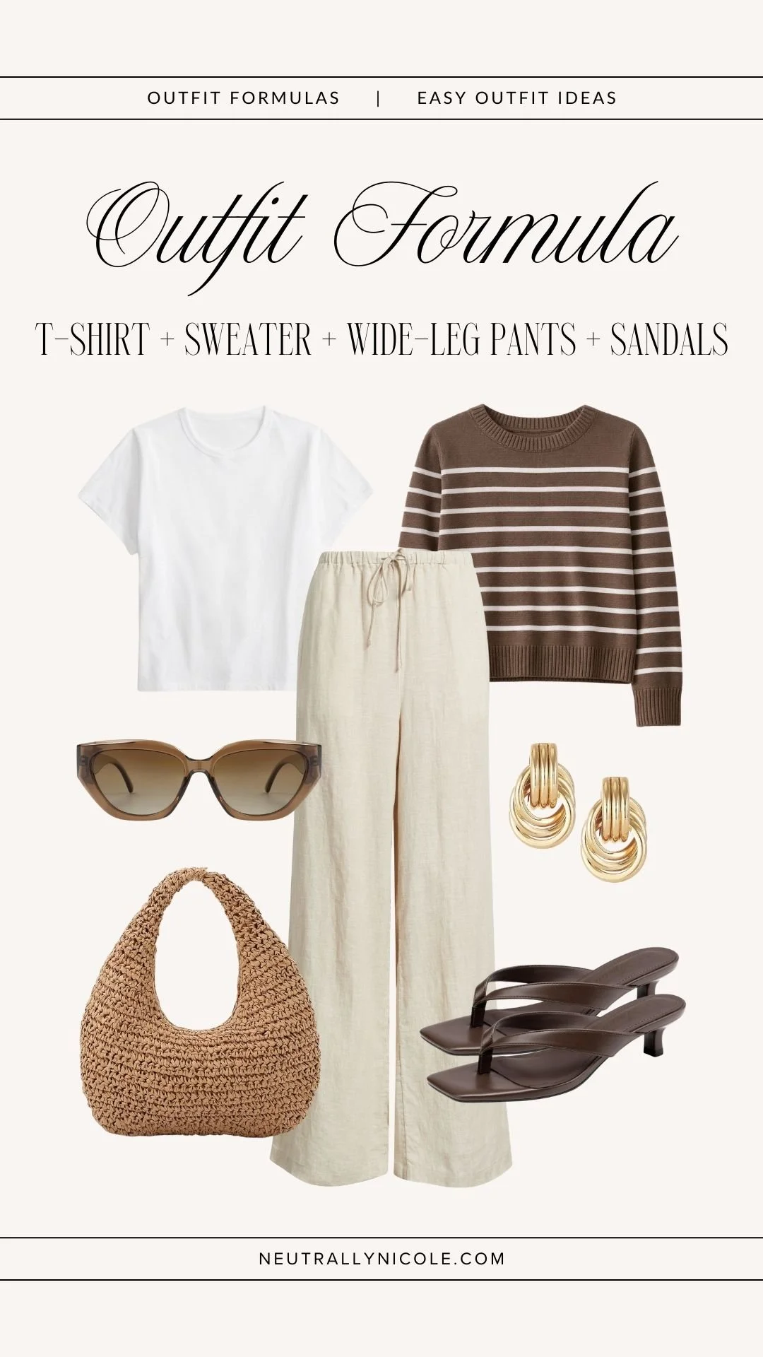 Easy outfit formula with t-shirt, sweater, wide-leg pants, and sandals