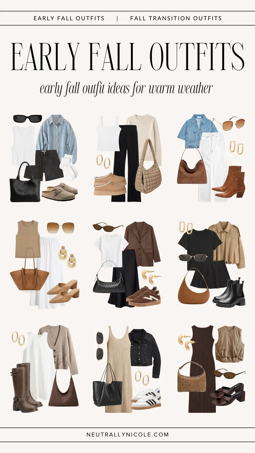 Early fall transition outfits for warm weather