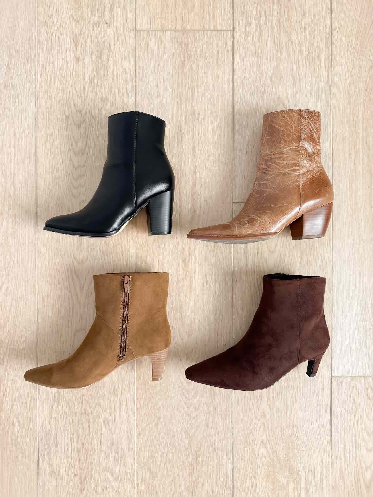 Ankle boots for fall in black leather, brown textured leather, tan suede, and dark brown suede with block and kitten heels