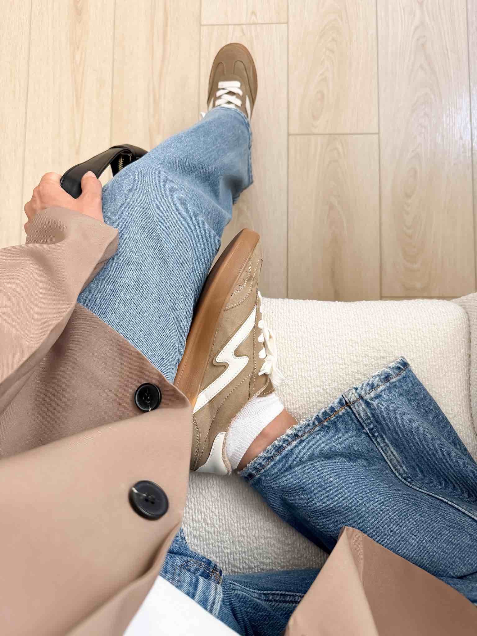 Taupe suede sneakers with a blazer and jeans outfit for casual fall shoe styling