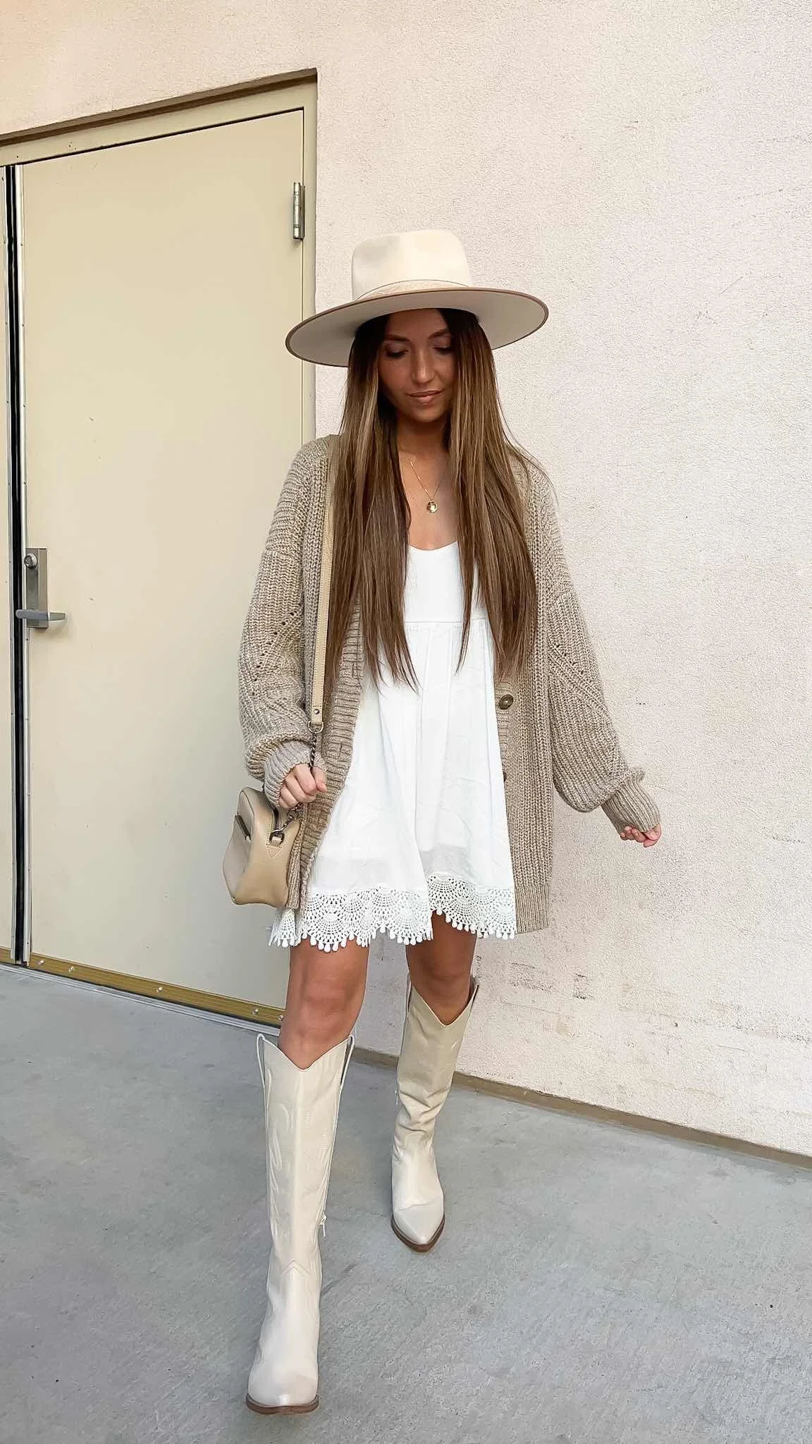 Cute spring outfit with white mini dress, cardigan
