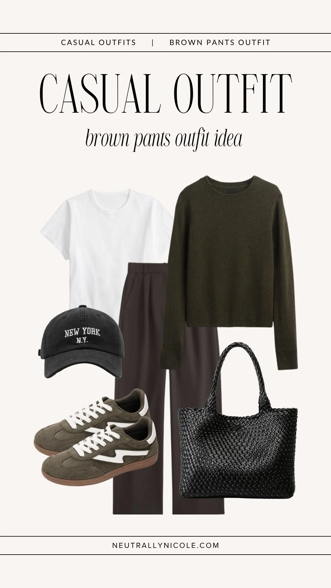 Dark brown pants outfit with an olive green sweater, white tee and casual olive sneakers