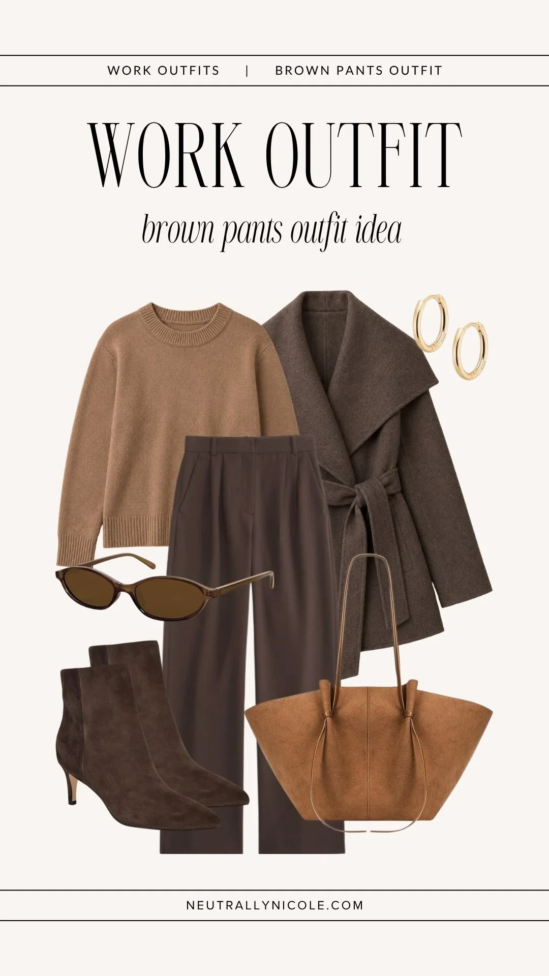 Monochromatic brown outfit with dark brown trousers, brown sweater, coat and suede boots