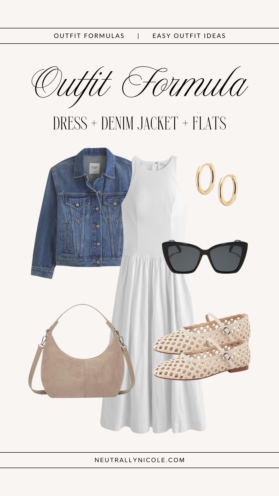 Easy outfit formula with midi dress, denim jacket, and flats