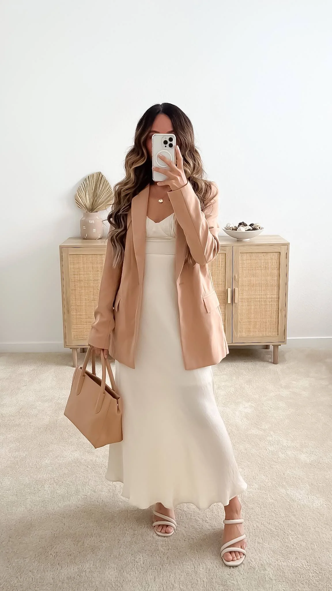 Cute spring outfit with silk midi dress, blazer