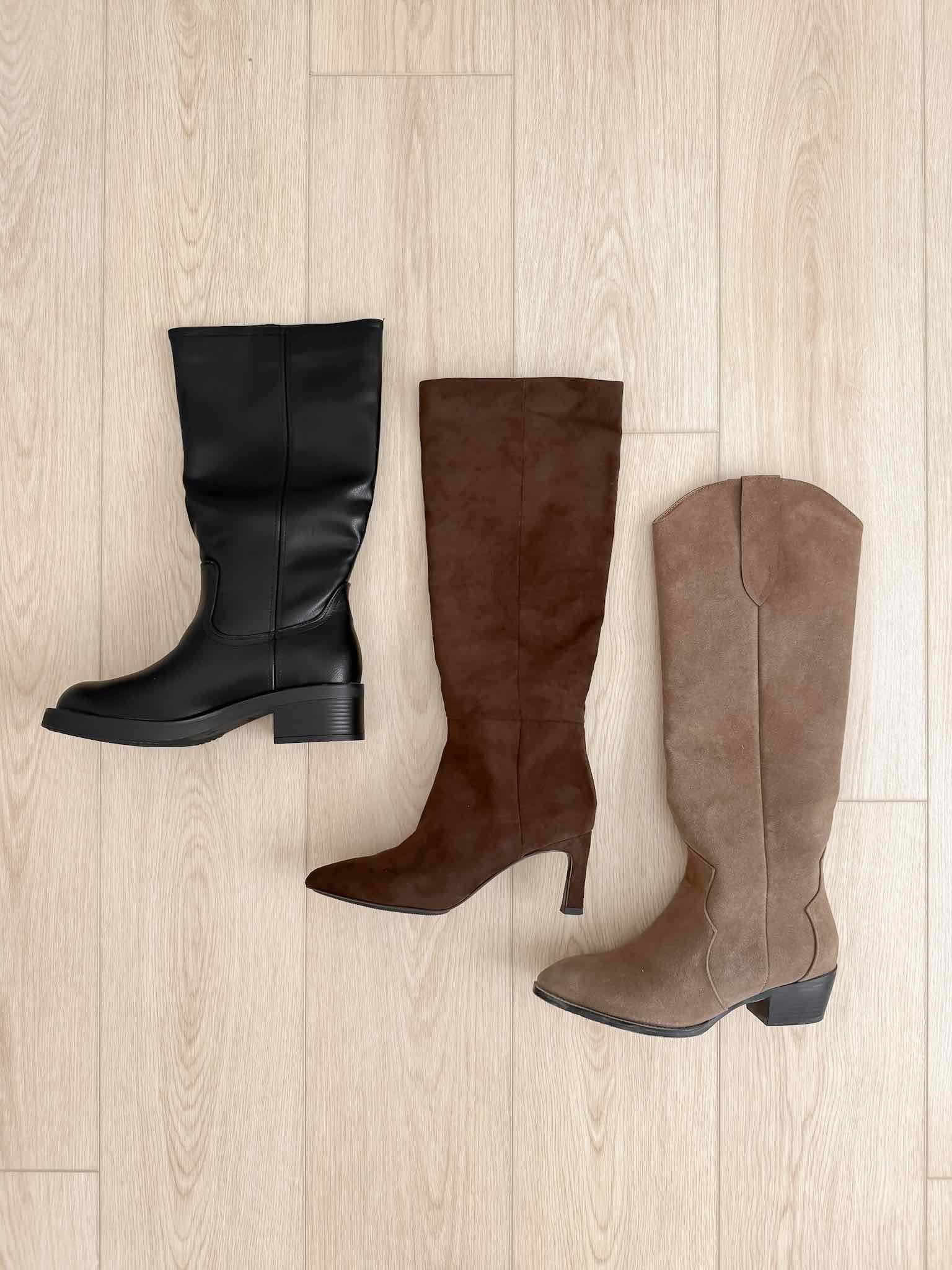Knee-high boots for fall in black leather, dark brown suede, and taupe suede with flat and heeled styles