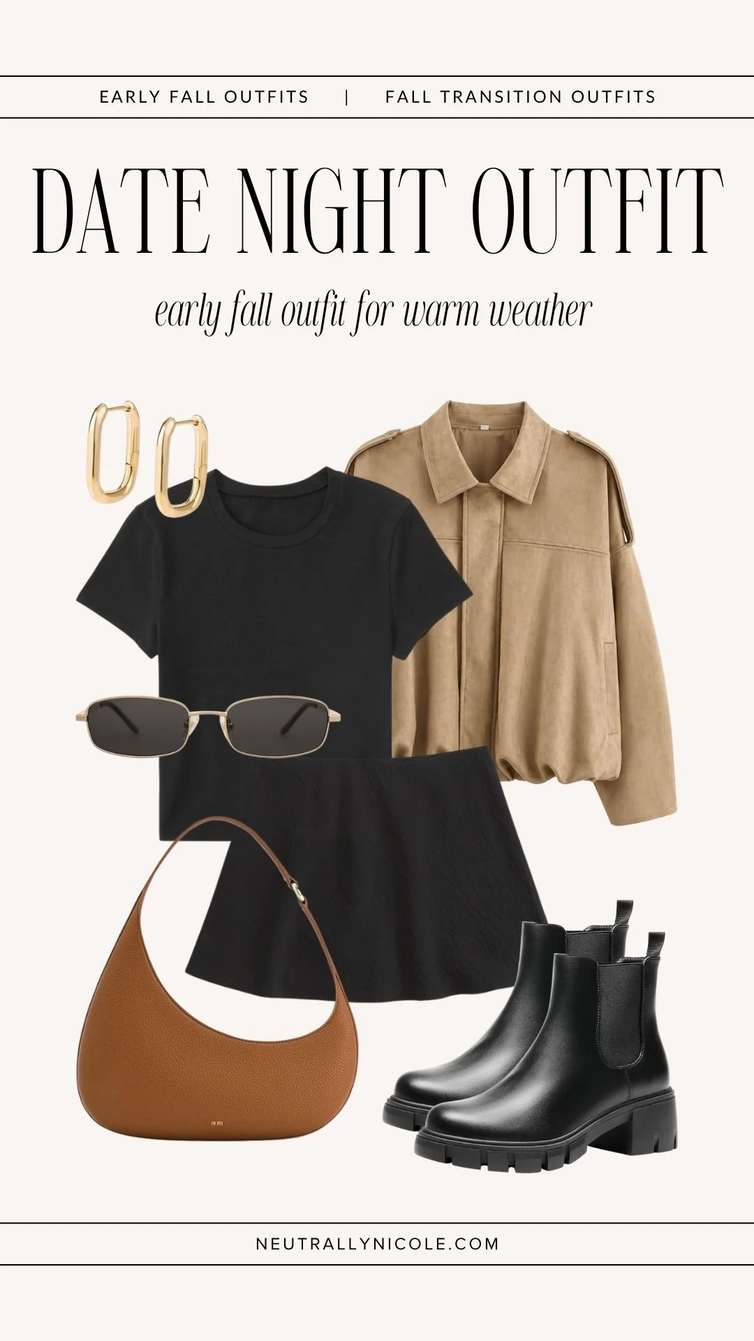 Fall transition outfit with a black mini skirt, black T-shirt, lightweight brown bomber jacket, Chelsea boots, and brown bag