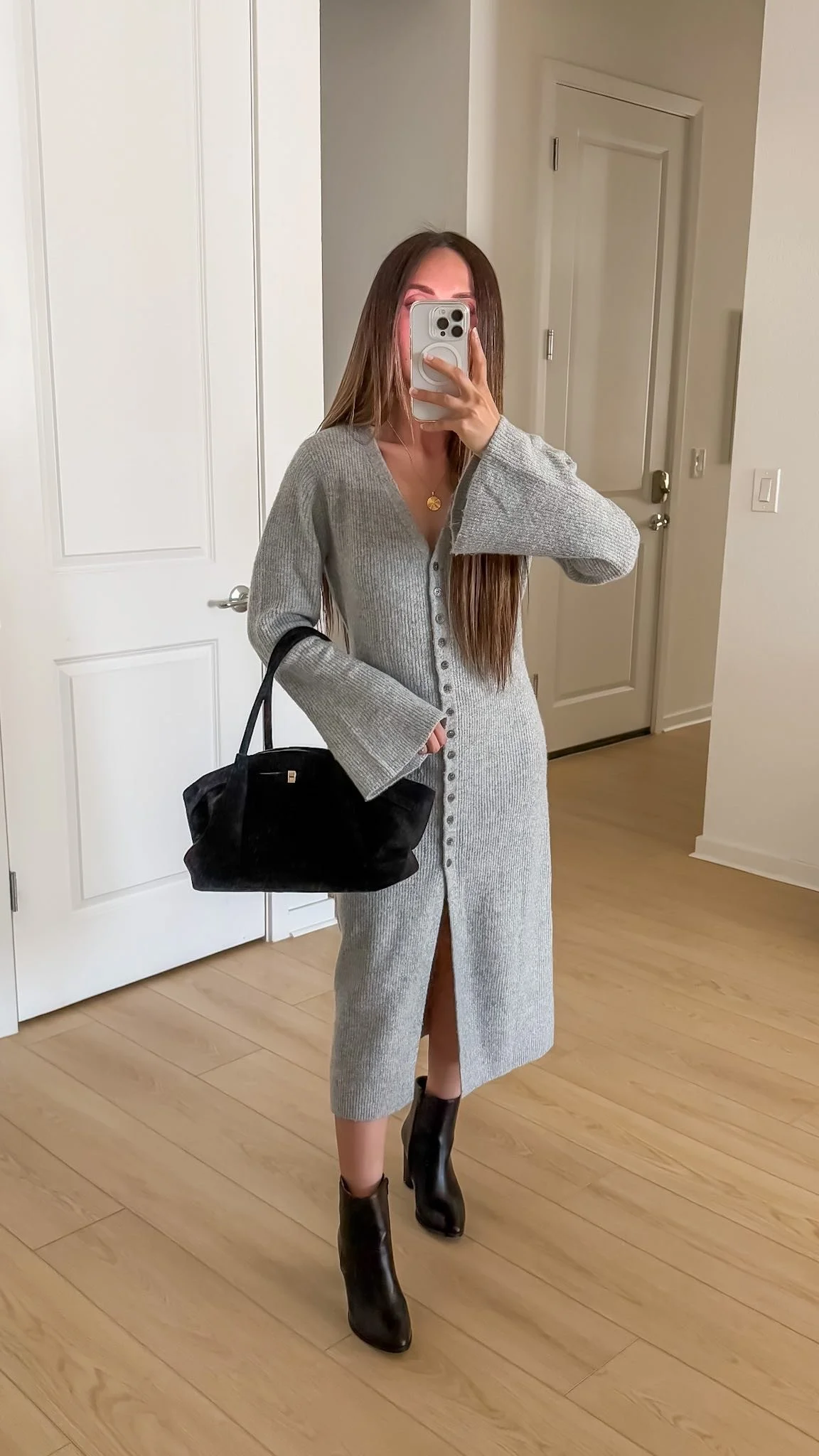 Cute spring outfit with cardigan dress, ankle boots