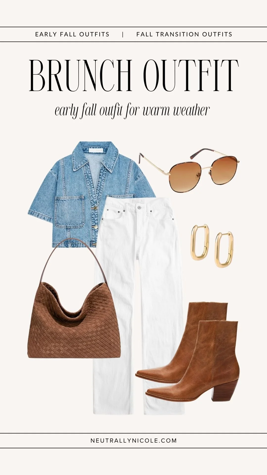 Warm weather fall outfit with white jeans, short sleeve denim shirt, brown ankle boots, and woven bag