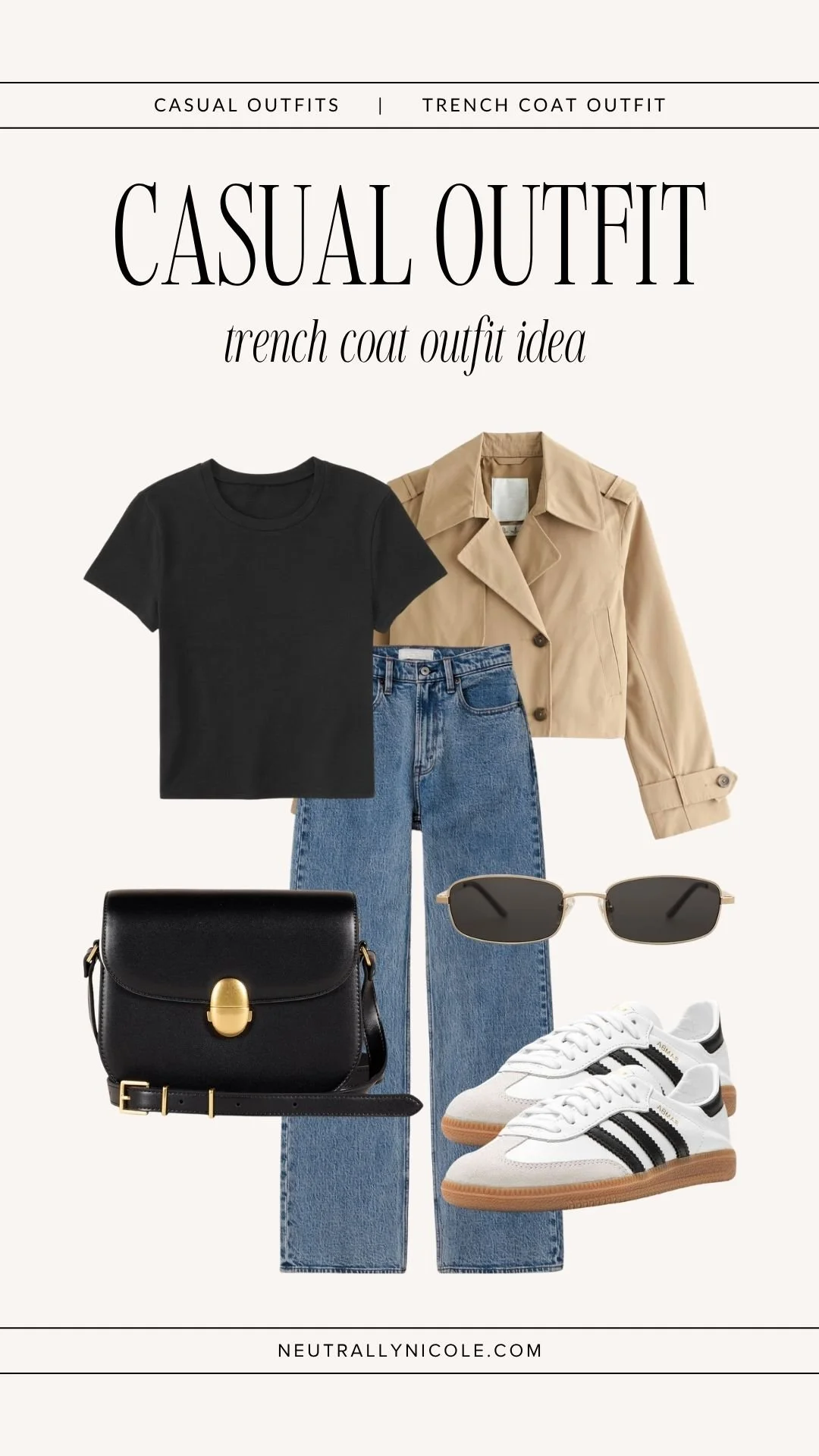 Casual trench coat outfit with a cropped beige trench coat, black T-shirt, straight-leg blue jeans, white sneakers, black crossbody bag, and sunglasses.