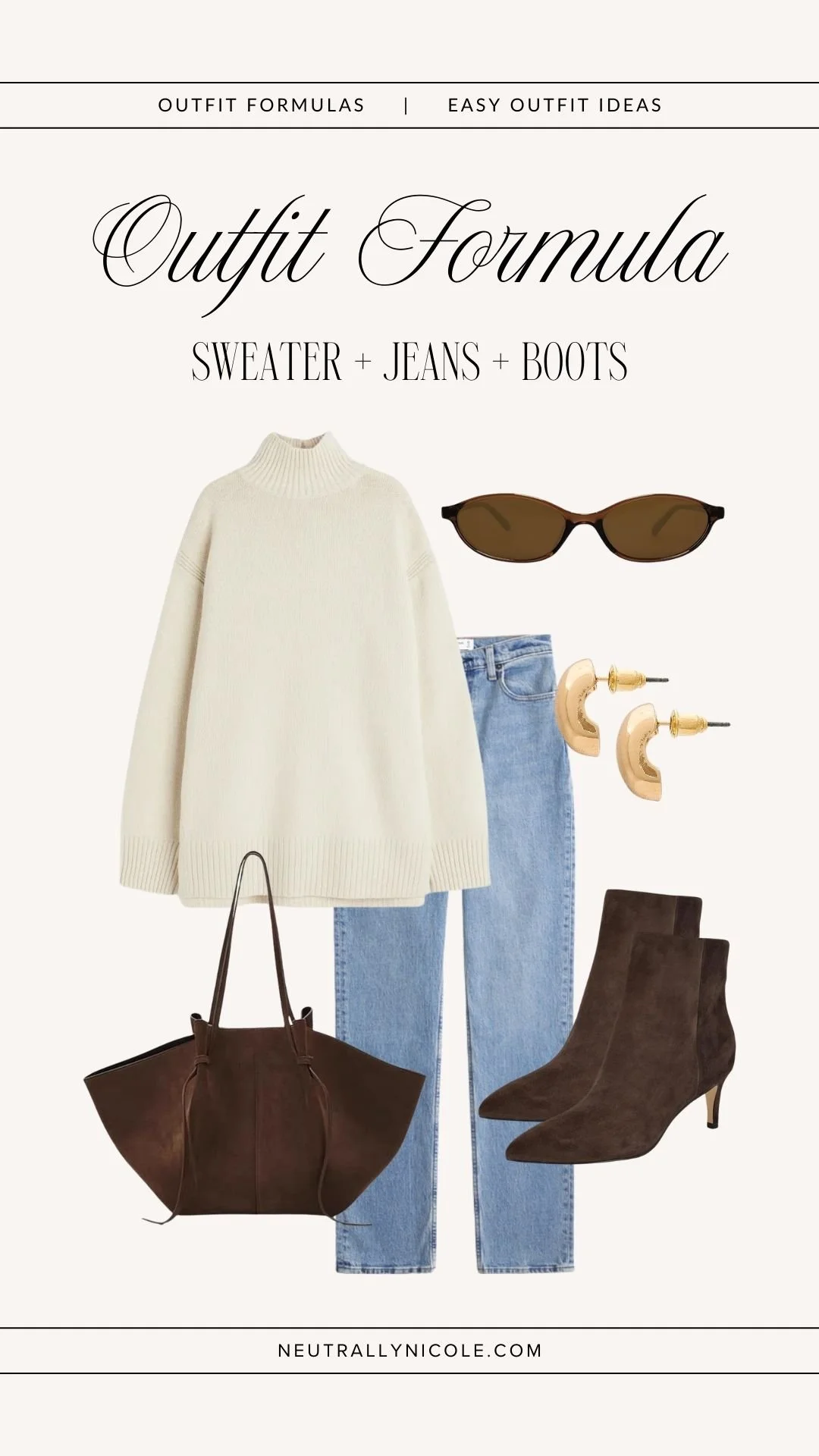 Easy outfit formula with sweater, jeans, and boots