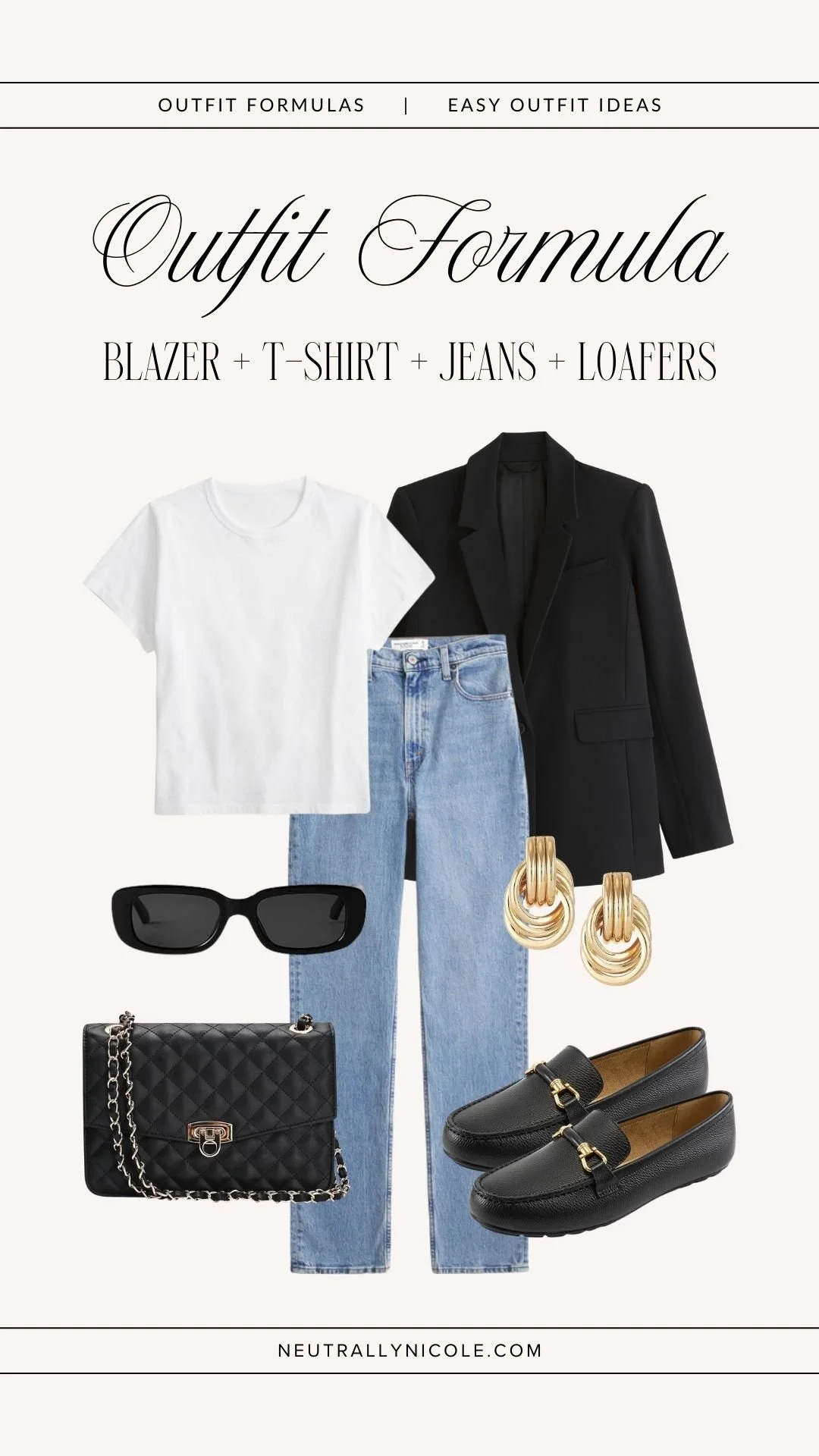 Easy outfit formula with blazer, white t-shirt, straight-leg jeans, and loafers