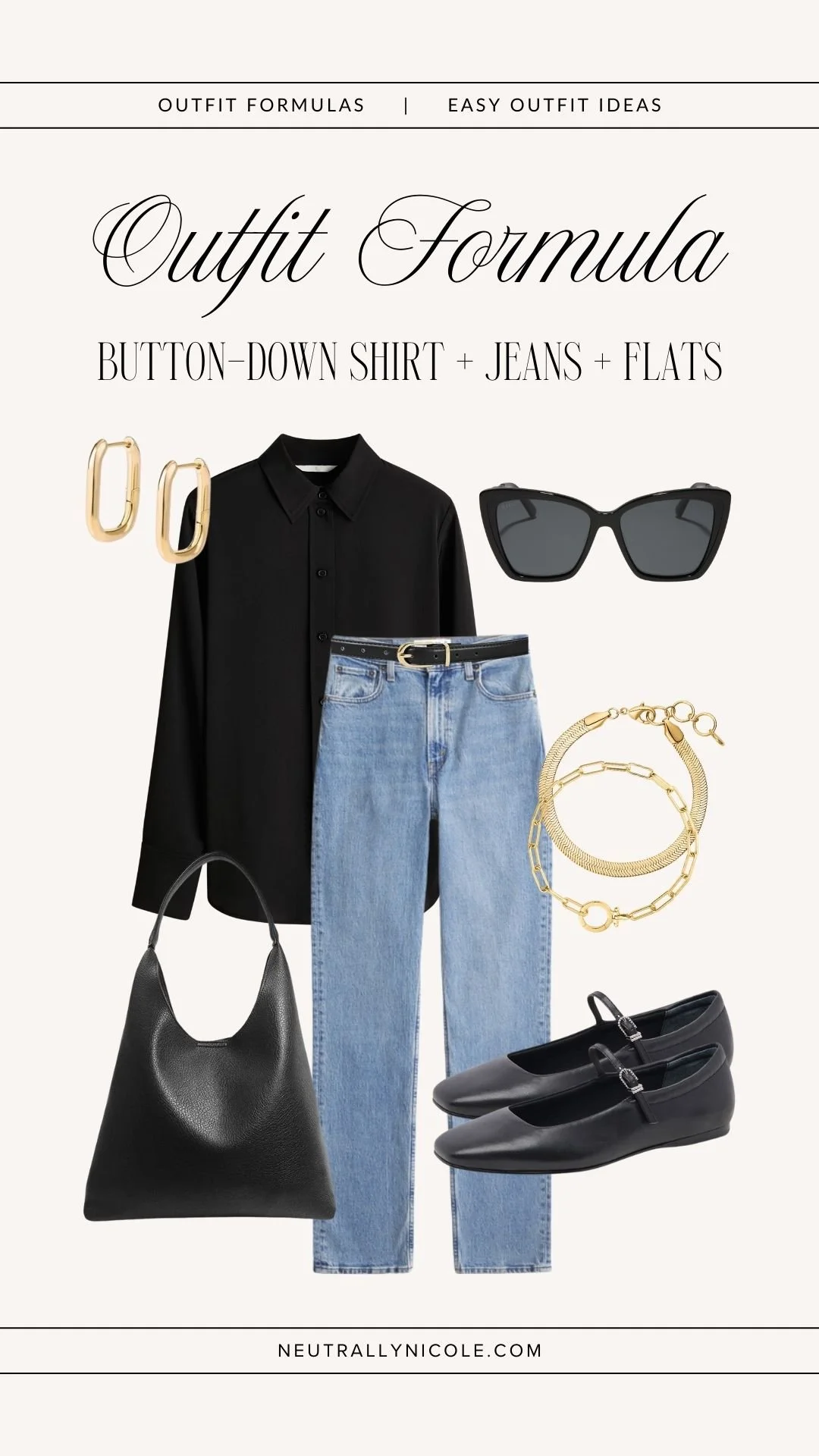 Easy outfit formula with button-down shirt, jeans, and ballet flats