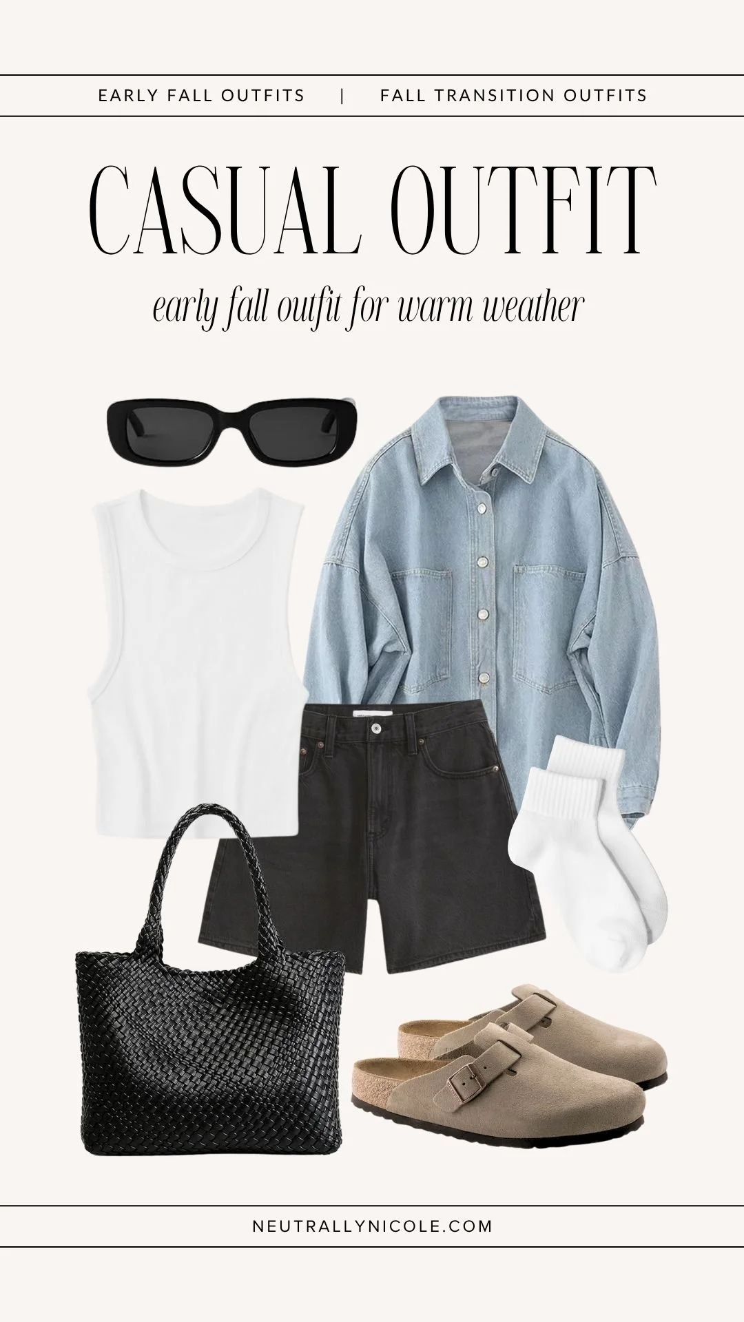 Early fall outfit with a denim shirt, white tank, black shorts, suede clogs, and black woven tote