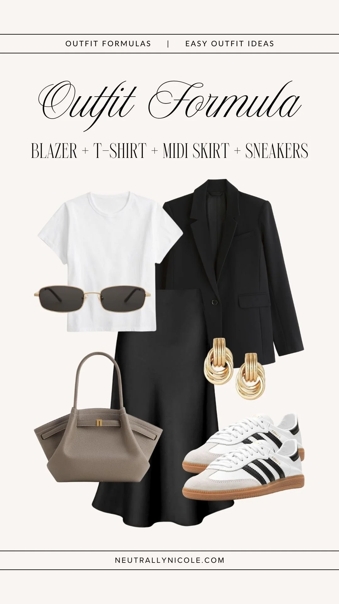 Easy outfit formula with blazer, t-shirt, midi skirt and sneakers