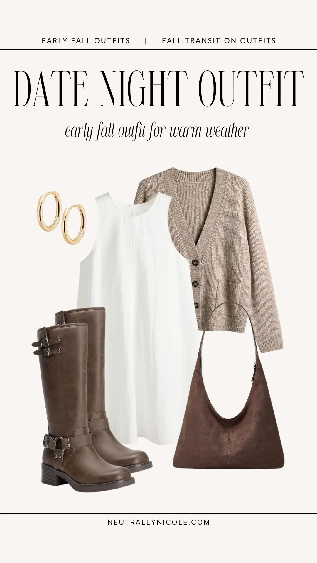 Summer to fall outfit with a white dress, neutral cardigan, tall brown boots, and brown shoulder bag