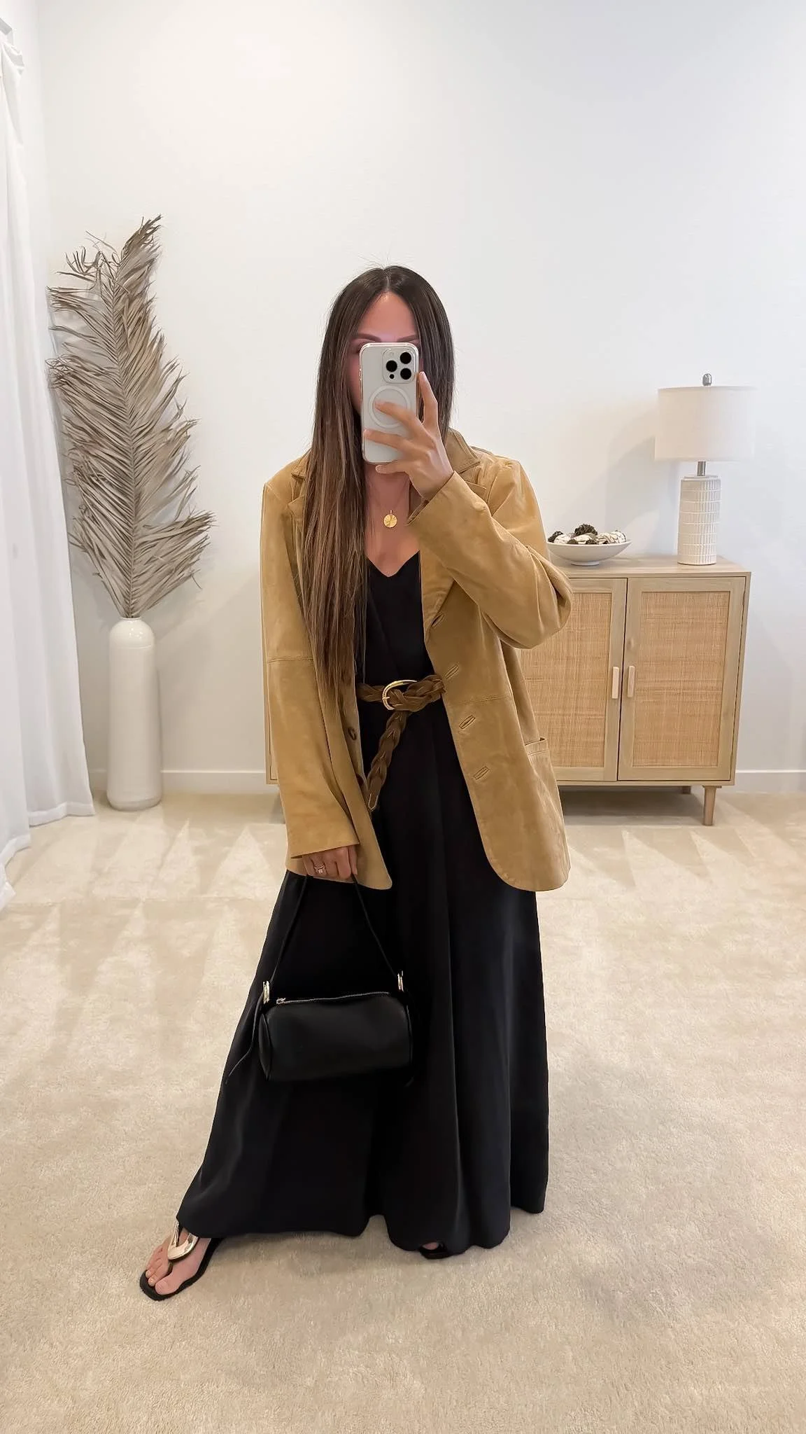 Chic fall outfit with tan suede blazer, black maxi dress, braided belt and black accessories