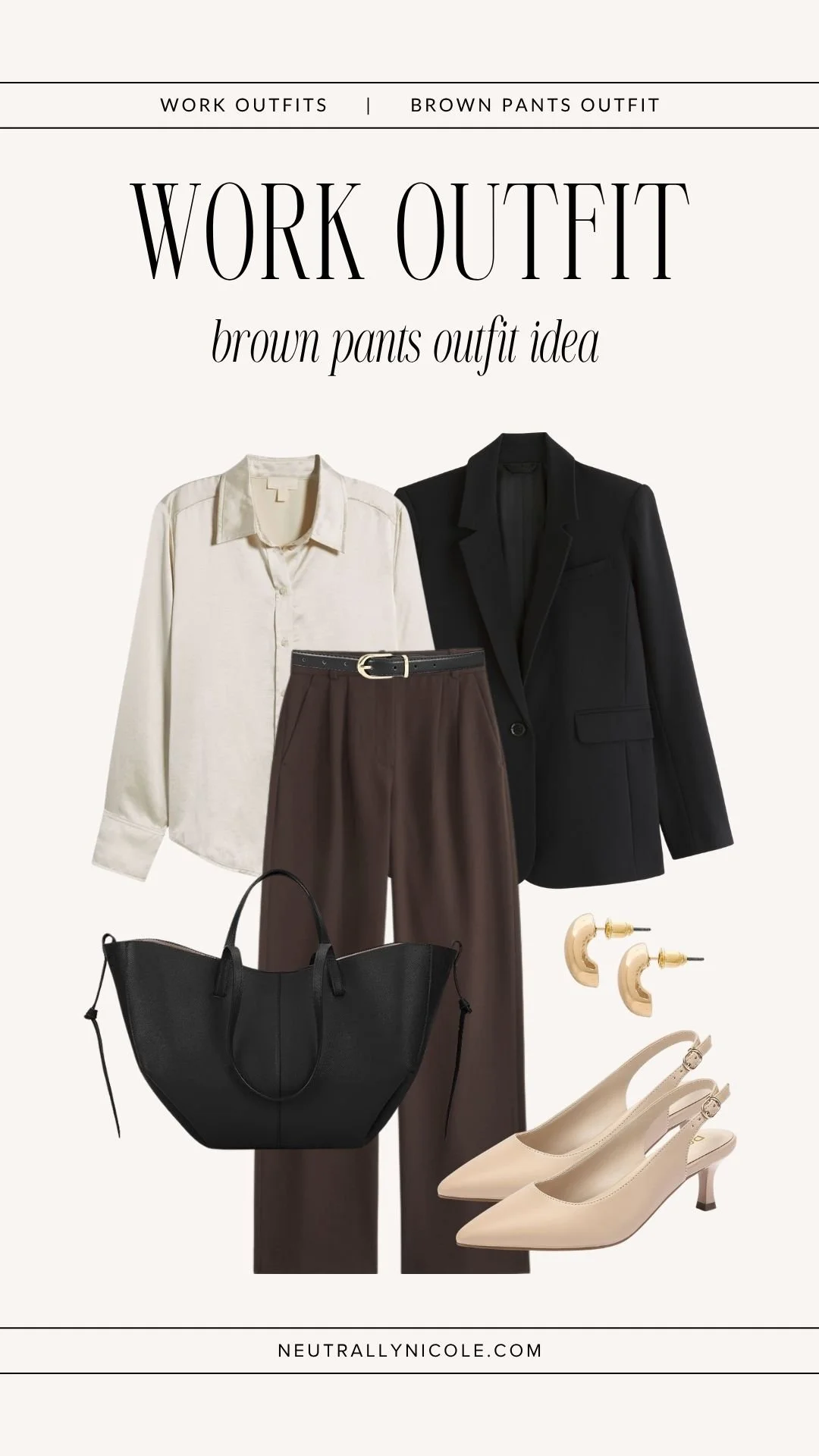 Business casual brown trousers outfit with a cream blouse, black blazer and slingback heels for the office