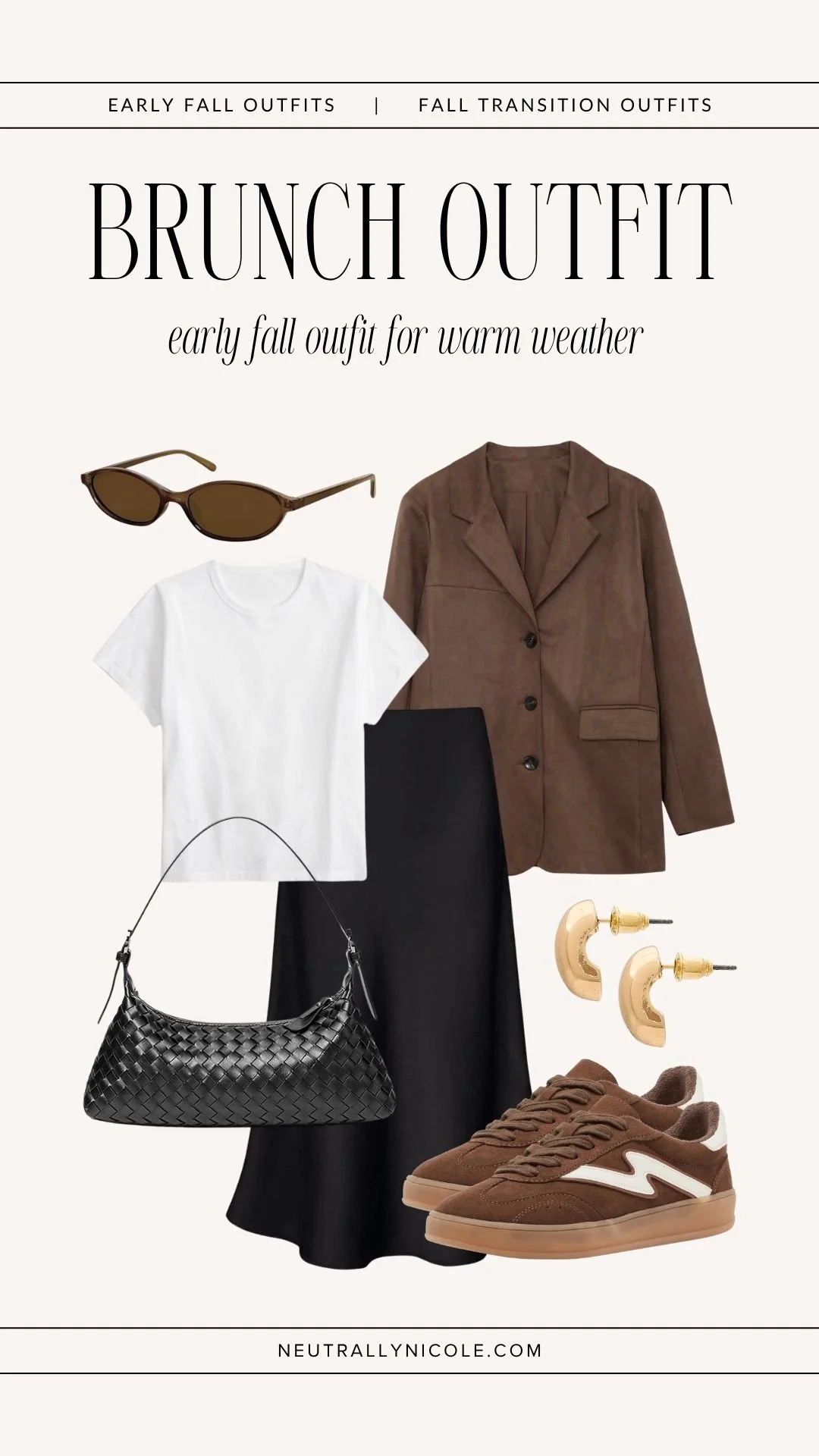 Early fall outfit with a black maxi skirt, white T-shirt, brown blazer, brown sneakers, and black bag